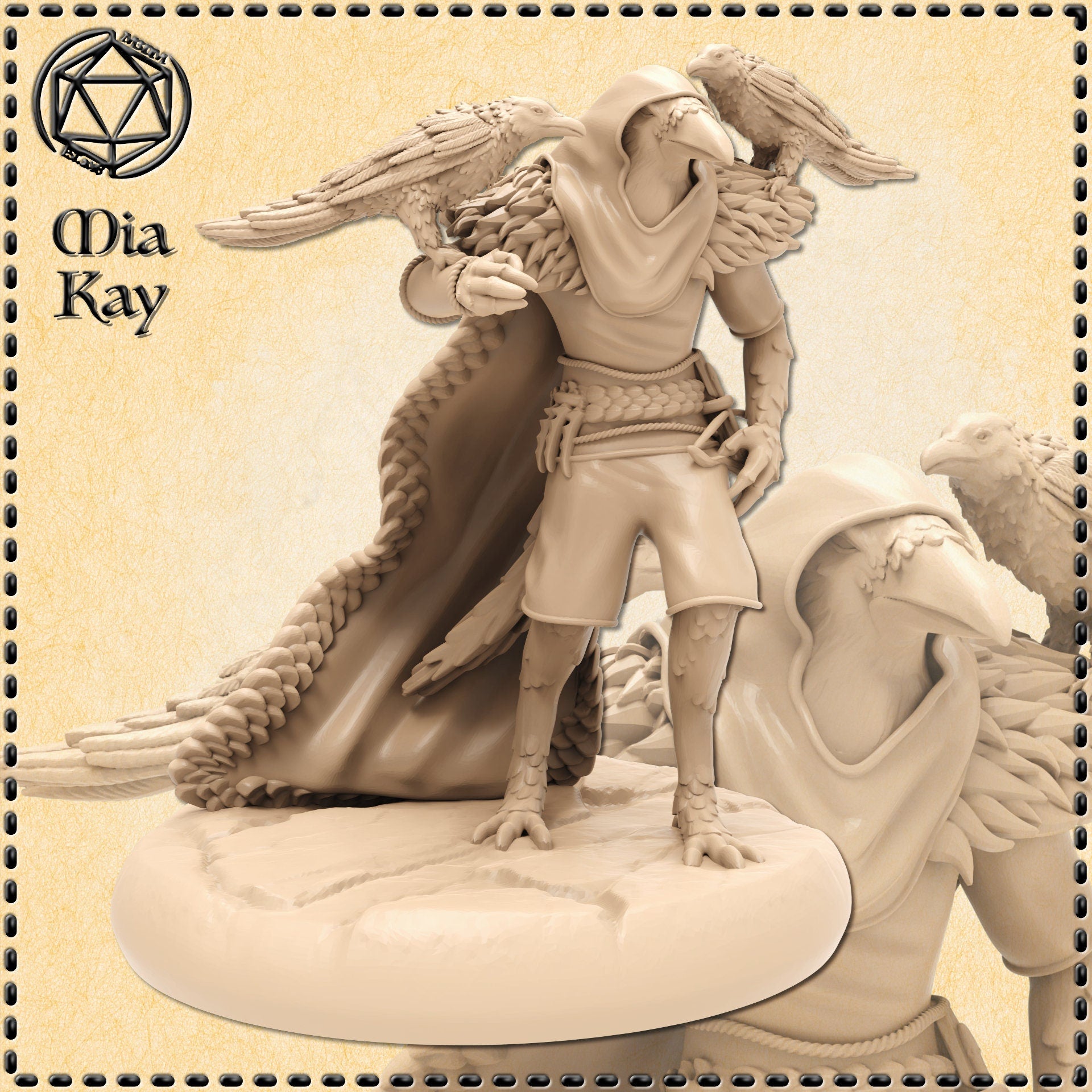 Digital render of an unpainted birdfolk ranger miniature at 32mm scale, showing a hooded avian figure with two large ravens perched on outstretched arms, a long scaled tail sweeping behind, taloned feet on a sculpted terrain base, wearing layered cloth wrappings, rope belt, and forearm bracers — sculpted by Mia Kay M3DM