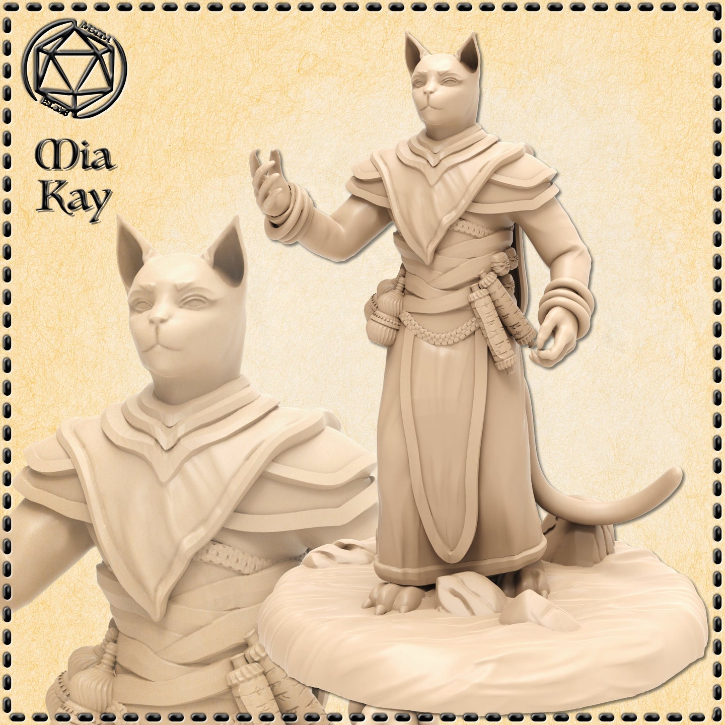 Unpainted resin render of a Catfolk Cleric miniature by Mia Kay M3DM — a feline humanoid female in layered robes with pauldrons, a braided sash, and scroll cases at her belt, one hand raised in a casting gesture, tail curled at her feet, mounted on a sculpted base. Close-up detail inset shows the face and upper torso. 32mm scale.