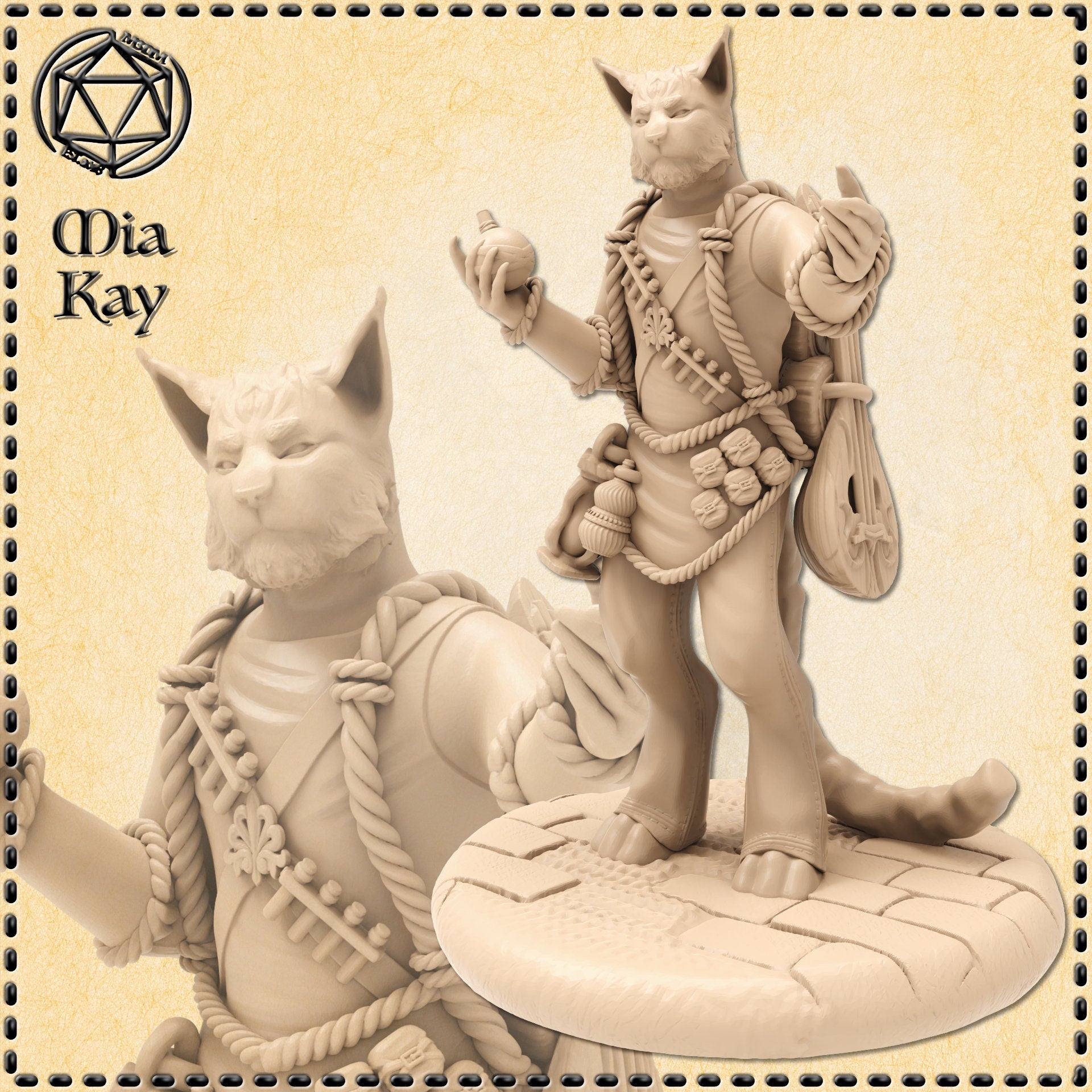 Unpainted resin miniature of a Catfolk merchant at 32mm scale — a feline humanoid in rope-work bandoliers and layered belts, raising a small vial in one hand with a lute slung over his back, standing on a detailed cobblestone base. Two angles of the sculpt are shown side by side.