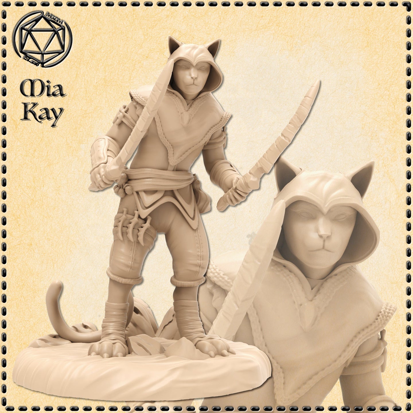 Unpainted cream resin digital render of a catfolk rogue miniature named Mia Kay, shown in two views: full body pose with hood up, short blade raised in right hand, throwing stars at belt, leather armour with sash, bare pawed feet, and a close-up of the hooded feline face with alert expression. 32mm scale miniature by Mia Kay M3DM.