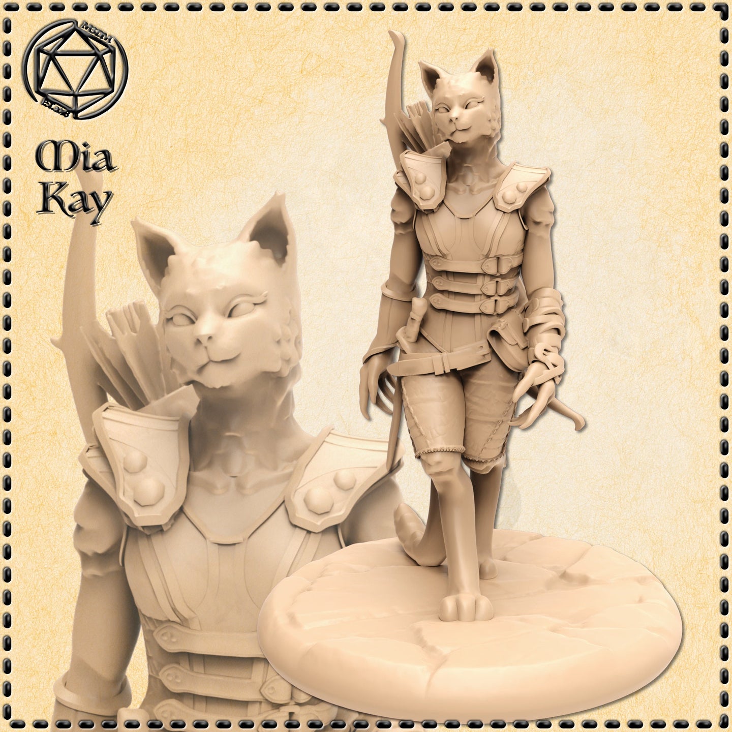 Unpainted resin miniature of a female Catfolk Rogue by Mia Kay M3DM, shown in two views: a full-body shot of the 32mm figure in mid-stride wearing layered plate-and-leather armour, with a quiver of arrows over one shoulder, a short blade at her hip, and one arm raised; alongside a close-up of her feline face and upper torso detail. She stands on a smooth oval base.