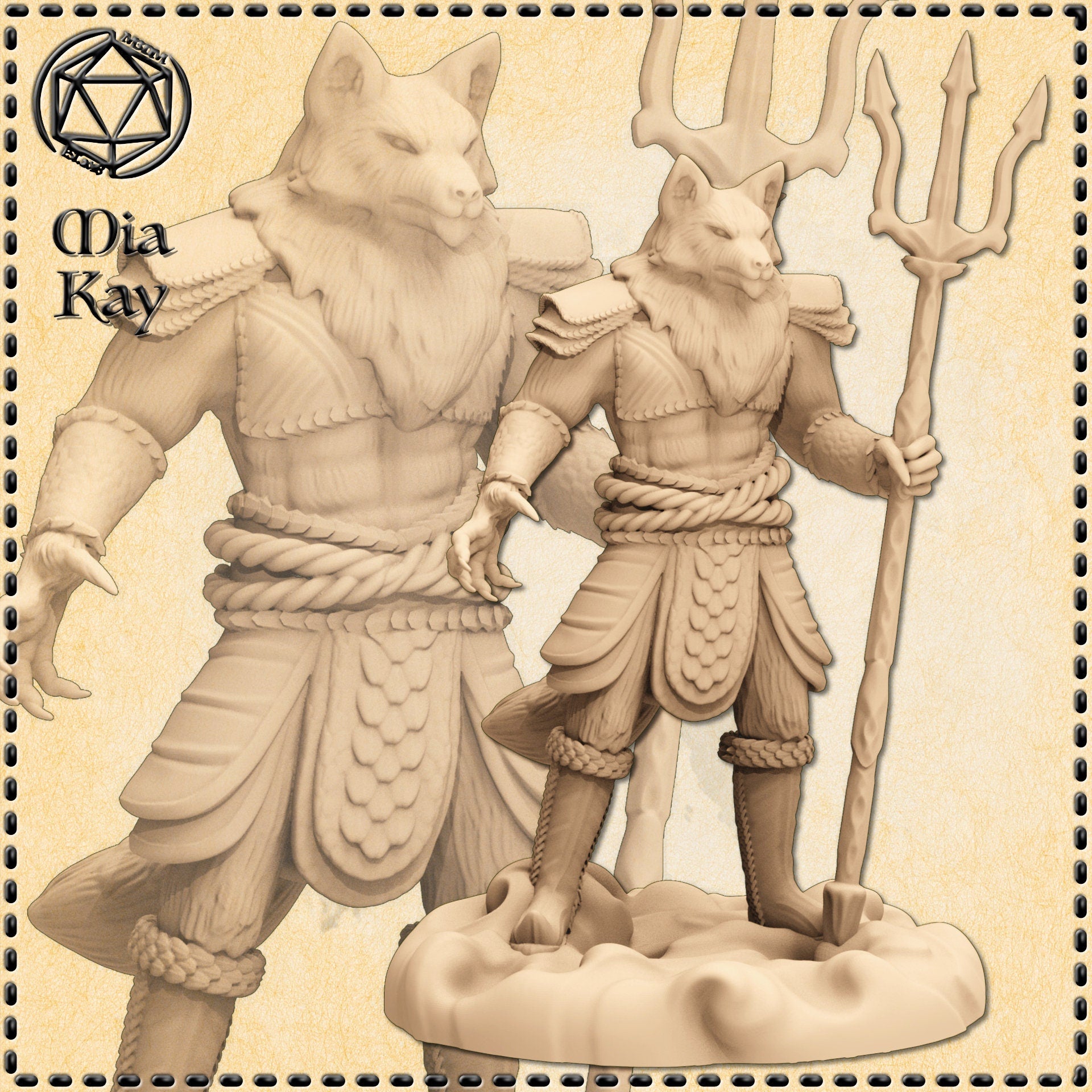 Two unpainted resin renders of the Foxfolk Samurai miniature by Mia Kay M3DM. Left: a fox-headed warrior in a forward combat stance, claws raised, wearing layered scale-trimmed robes with rope belt and epaulette armour. Right: the same character standing upright on a sculpted cloud base, gripping a tall trident. Both sculpts shown side by side at 32mm scale.