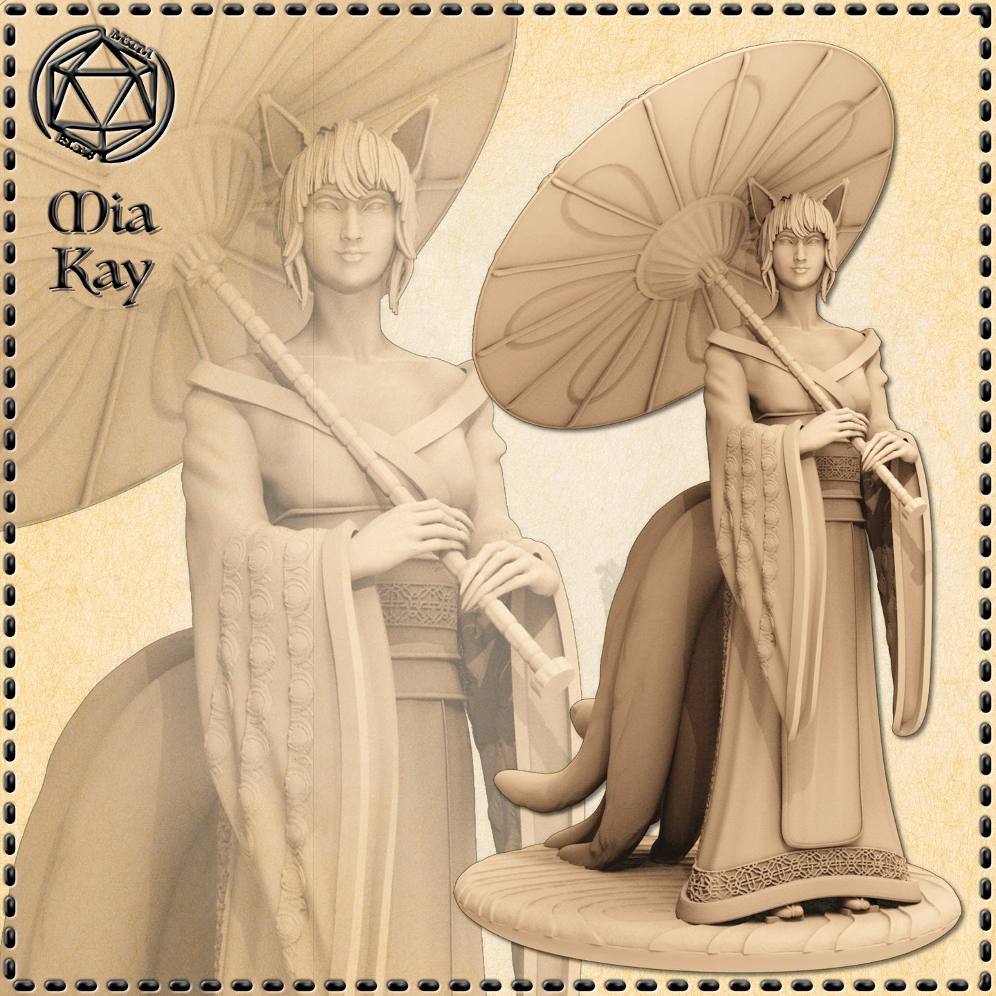Digital render of the Kitsune miniature by Mia Kay M3DM — an unpainted 32mm sculpt of a fox-eared female figure in an ornate kimono-style robe, holding a decorative pipe and a large paper parasol, with a knotwork-trimmed hem and a curling fox tail visible at the base