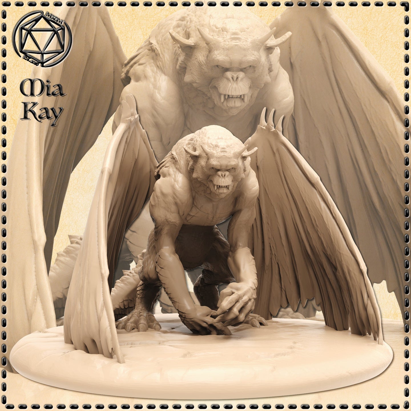 Digital render of an unpainted resin gargoyle miniature by Mia Kay M3DM, shown in a low crouching pose with wings spread wide, knuckles pressed to a plain round base, horned head thrust forward with a snarling expression — foreground shows the full miniature, background shows a larger close-up render of the face and upper body