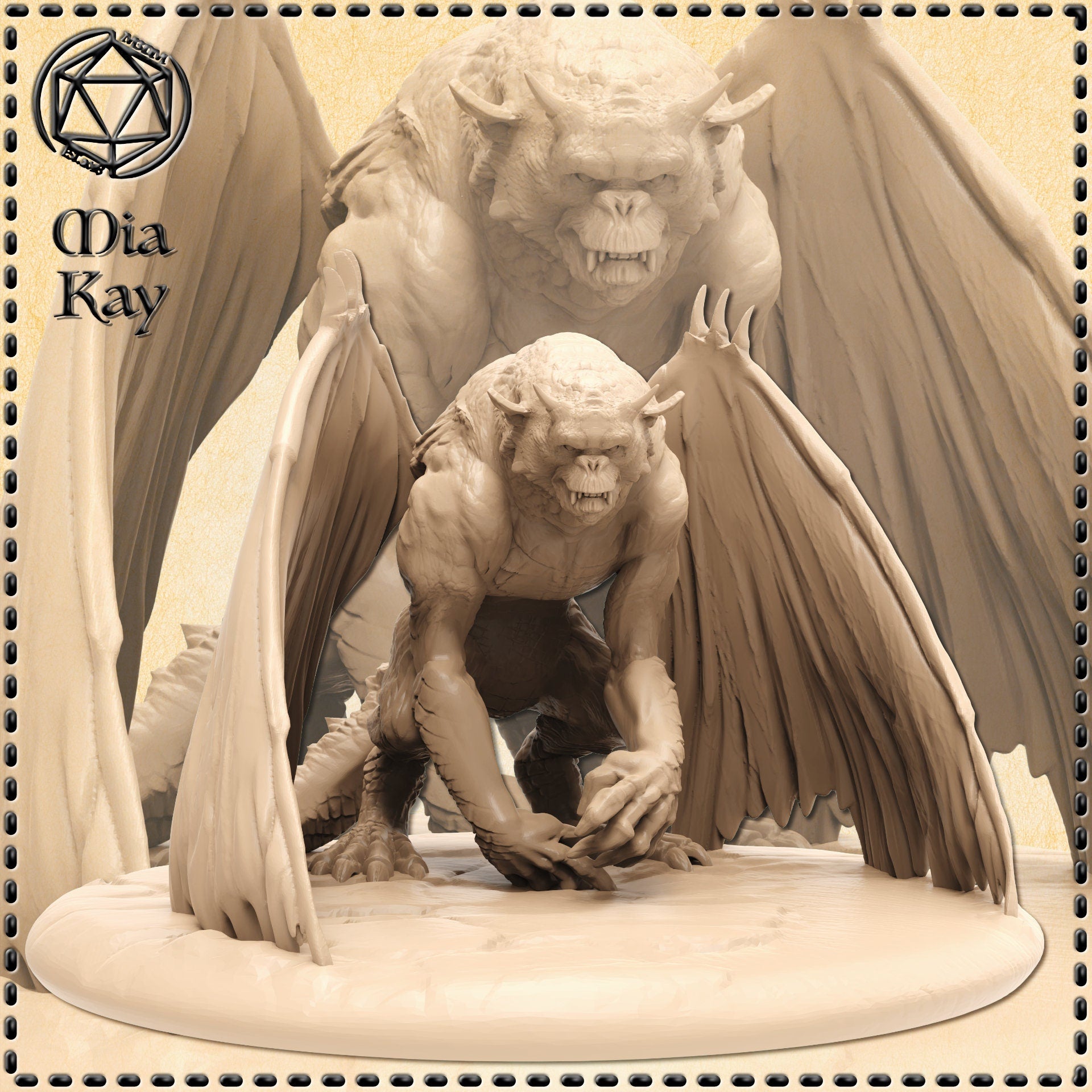 Digital render of an unpainted resin gargoyle miniature by Mia Kay M3DM, shown in a low crouching pose with wings spread wide, knuckles pressed to a plain round base, horned head thrust forward with a snarling expression — foreground shows the full miniature, background shows a larger close-up render of the face and upper body