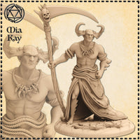 Digital render of the Asmodeus Devil miniature by Mia Kay M3DM — an unpainted 32mm scale figure of a muscular horned devil, bare-chested with rope coiled around his torso and a fang necklace at his throat, wielding a skull-topped scythe staff. A detailed close-up bust is shown alongside the full figure on a textured base. The sculpt is shown in a warm tan render colour.