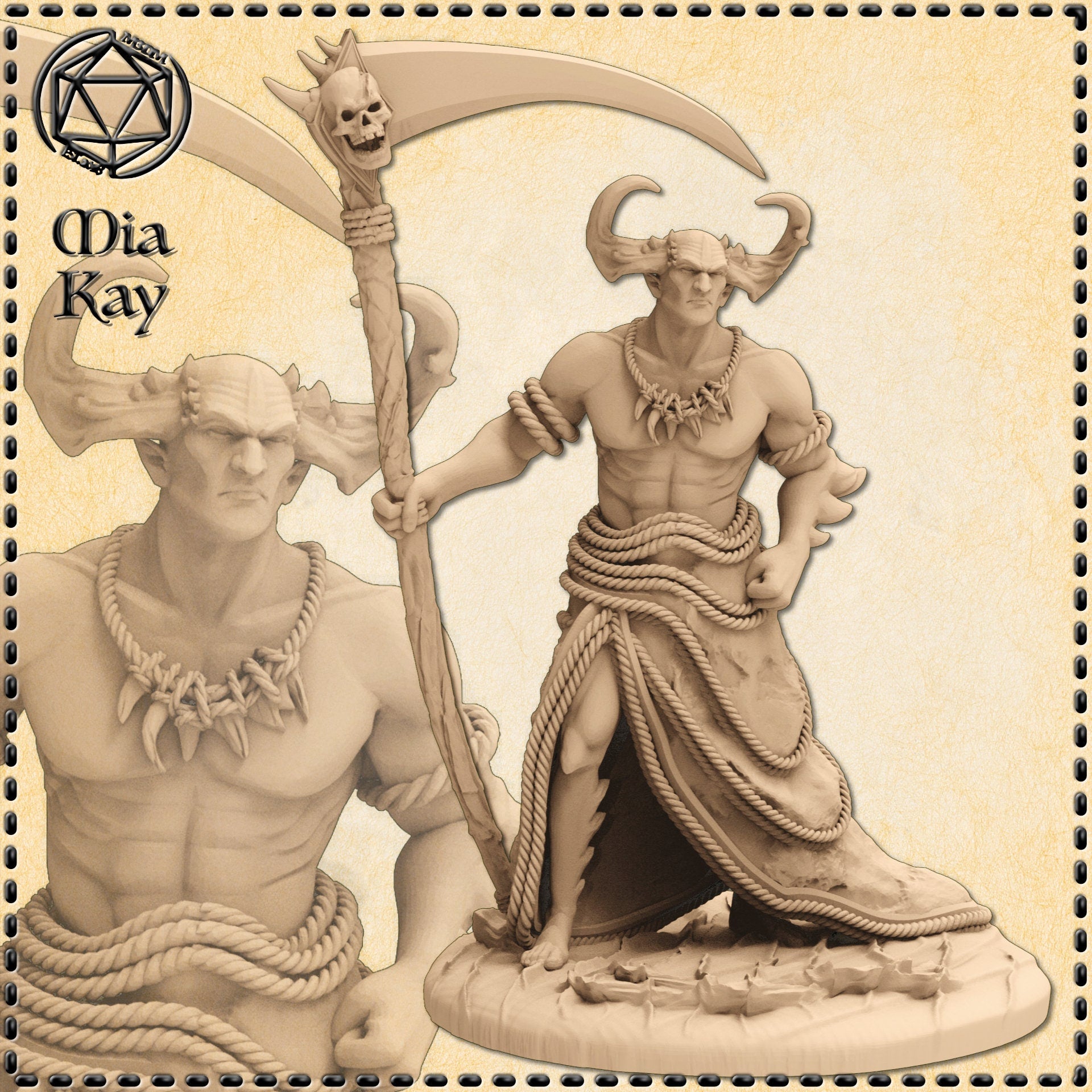 Digital render of the Asmodeus Devil miniature by Mia Kay M3DM — an unpainted 32mm scale figure of a muscular horned devil, bare-chested with rope coiled around his torso and a fang necklace at his throat, wielding a skull-topped scythe staff. A detailed close-up bust is shown alongside the full figure on a textured base. The sculpt is shown in a warm tan render colour.
