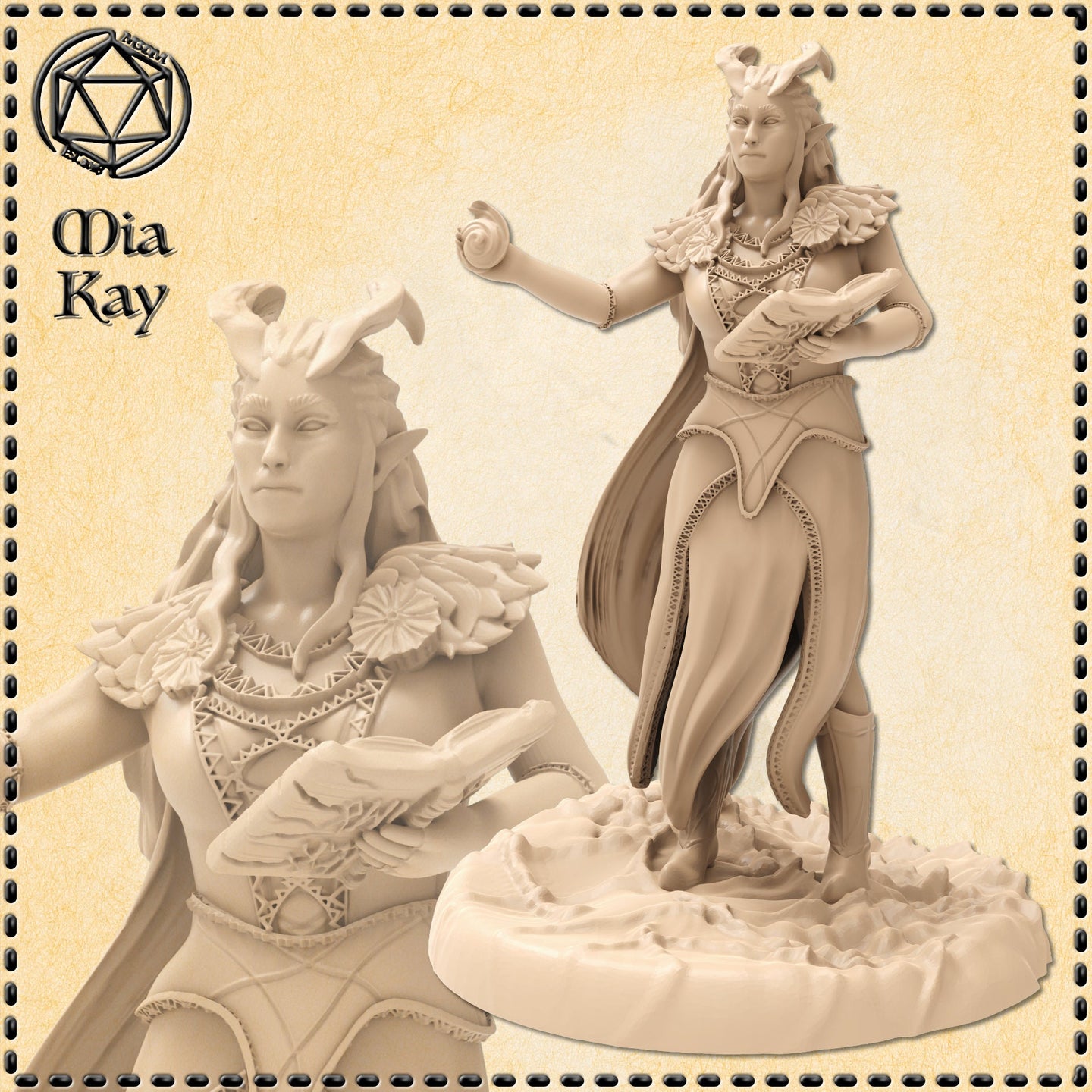 Unpainted resin miniature of a female demonic warlock at 32mm scale — digital render showing a horned elven figure in ornate robes with leaf-like pauldrons, cradling a spellbook in one arm and holding a glowing arcane orb in her outstretched hand, posed mid-stride on a rocky scenic base. Artist logo for Mia Kay M3DM visible in corner.