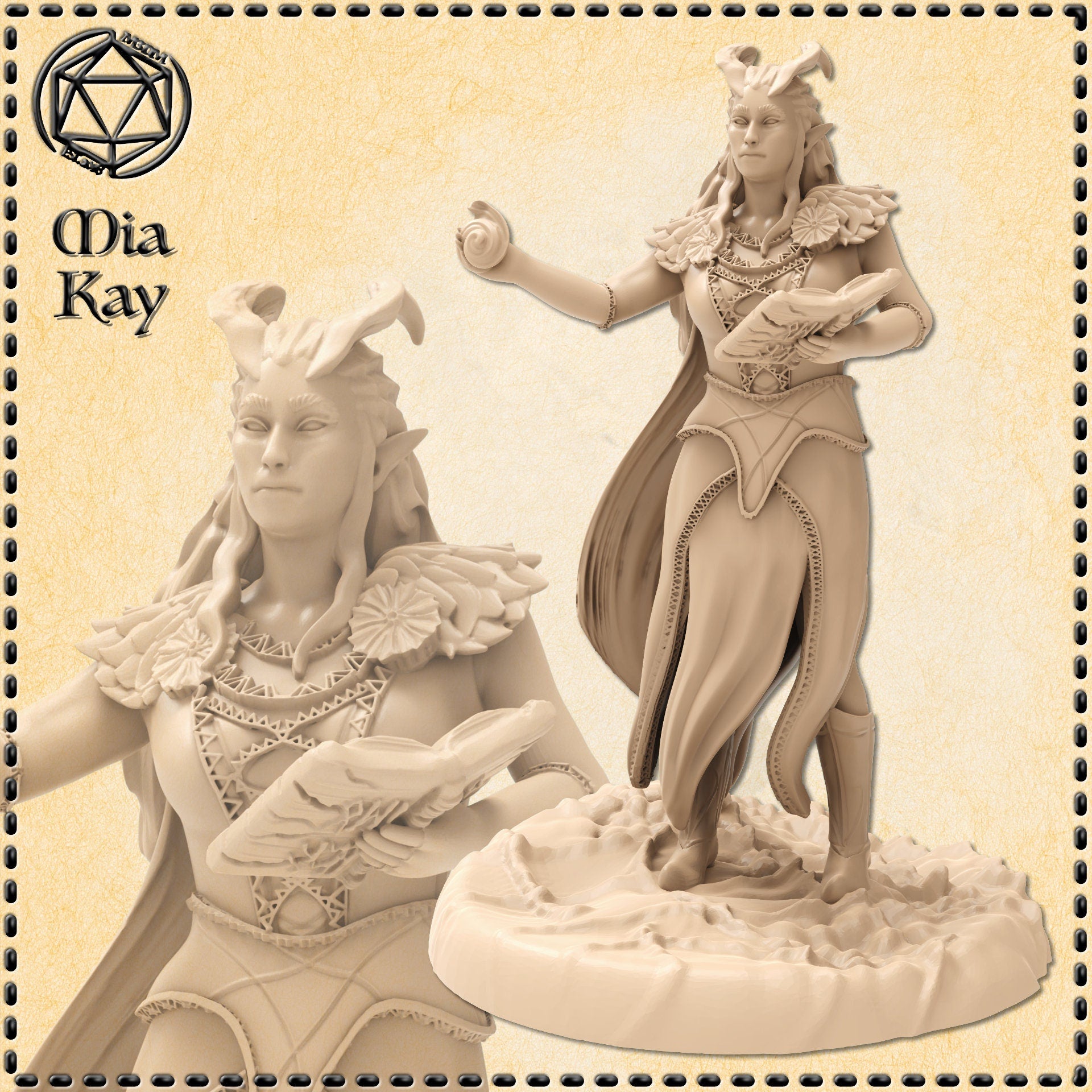 Unpainted resin miniature of a female demonic warlock at 32mm scale — digital render showing a horned elven figure in ornate robes with leaf-like pauldrons, cradling a spellbook in one arm and holding a glowing arcane orb in her outstretched hand, posed mid-stride on a rocky scenic base. Artist logo for Mia Kay M3DM visible in corner.