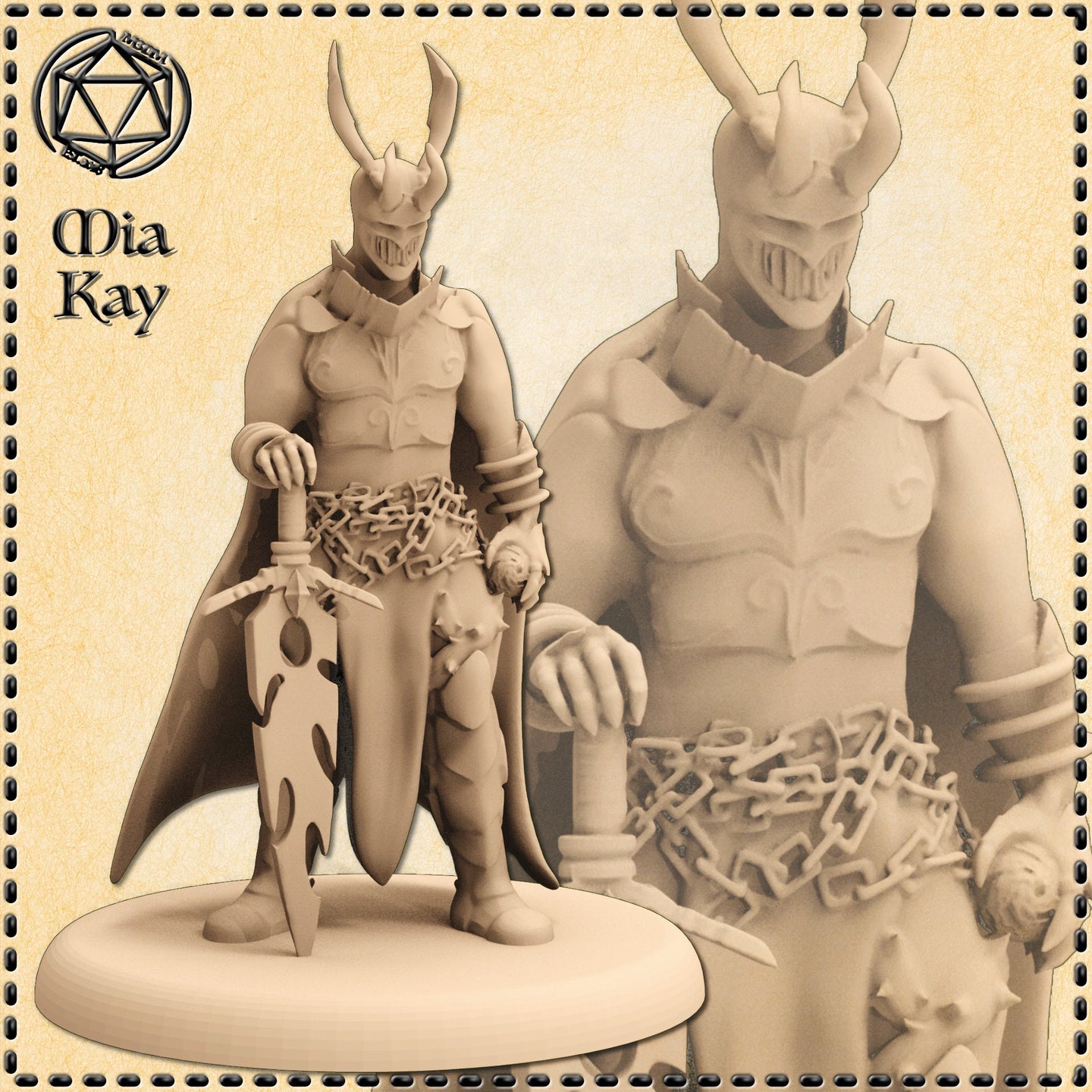 Unpainted resin digital render of the Mia Kay M3DM Demonic Warrior miniature at 32mm scale, showing a horned-helmed male figure gripping a large notched greatsword point-down, with heavy chains coiled around his waist, pauldrons, bracers, and a flowing cape, alongside a close-up detail view highlighting the chain links and armour texture