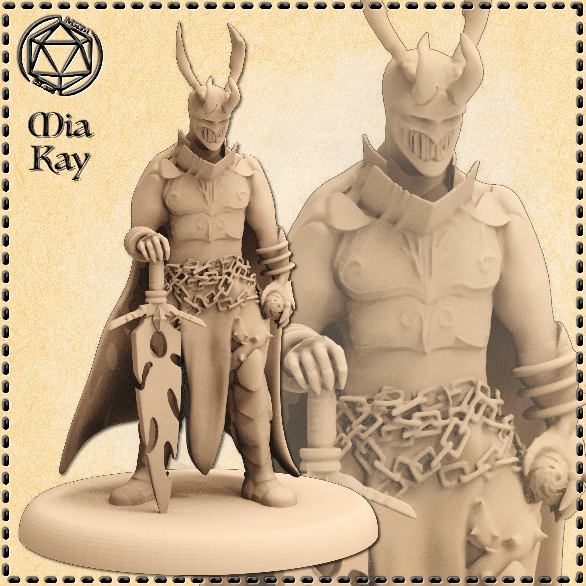 Unpainted resin digital render of the Mia Kay M3DM Demonic Warrior miniature at 32mm scale, showing a horned-helmed male figure gripping a large notched greatsword point-down, with heavy chains coiled around his waist, pauldrons, bracers, and a flowing cape, alongside a close-up detail view highlighting the chain links and armour texture