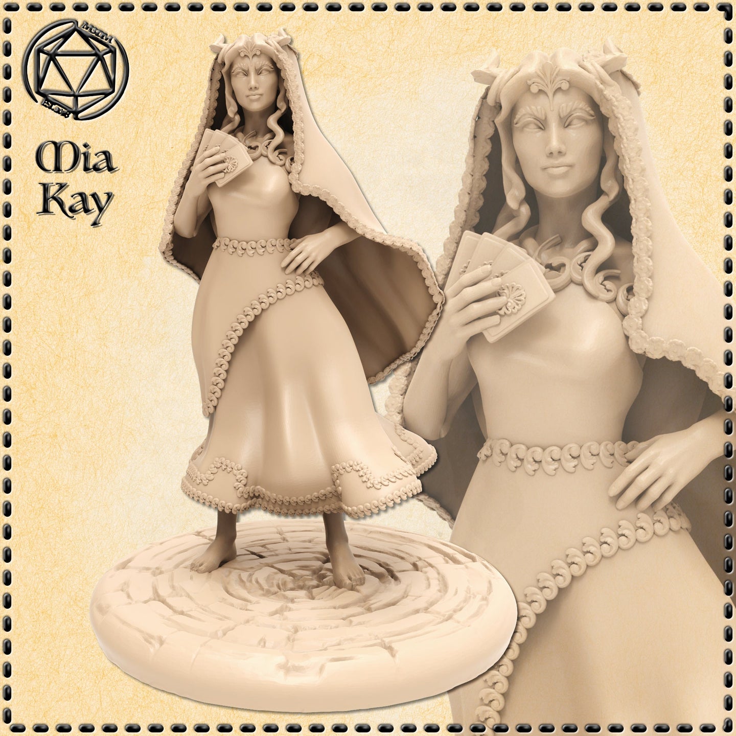 Digital render of the Tiefling Fortune Teller miniature by Mia Kay M3DM — an unpainted resin-coloured figure of a tiefling woman in an embroidered gown and flowing hooded cloak, holding a fan of tarot cards, with small curling horns beneath her hood and barefoot on a circular arcane-ripple base, shown from full body and close-up bust angles
