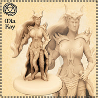 Unpainted resin render of a dark elf female rogue miniature in spiked draconic armour with swept horns and flowing hair, standing on a plain oval base at 32mm scale — sculpted by Mia Kay M3DM
