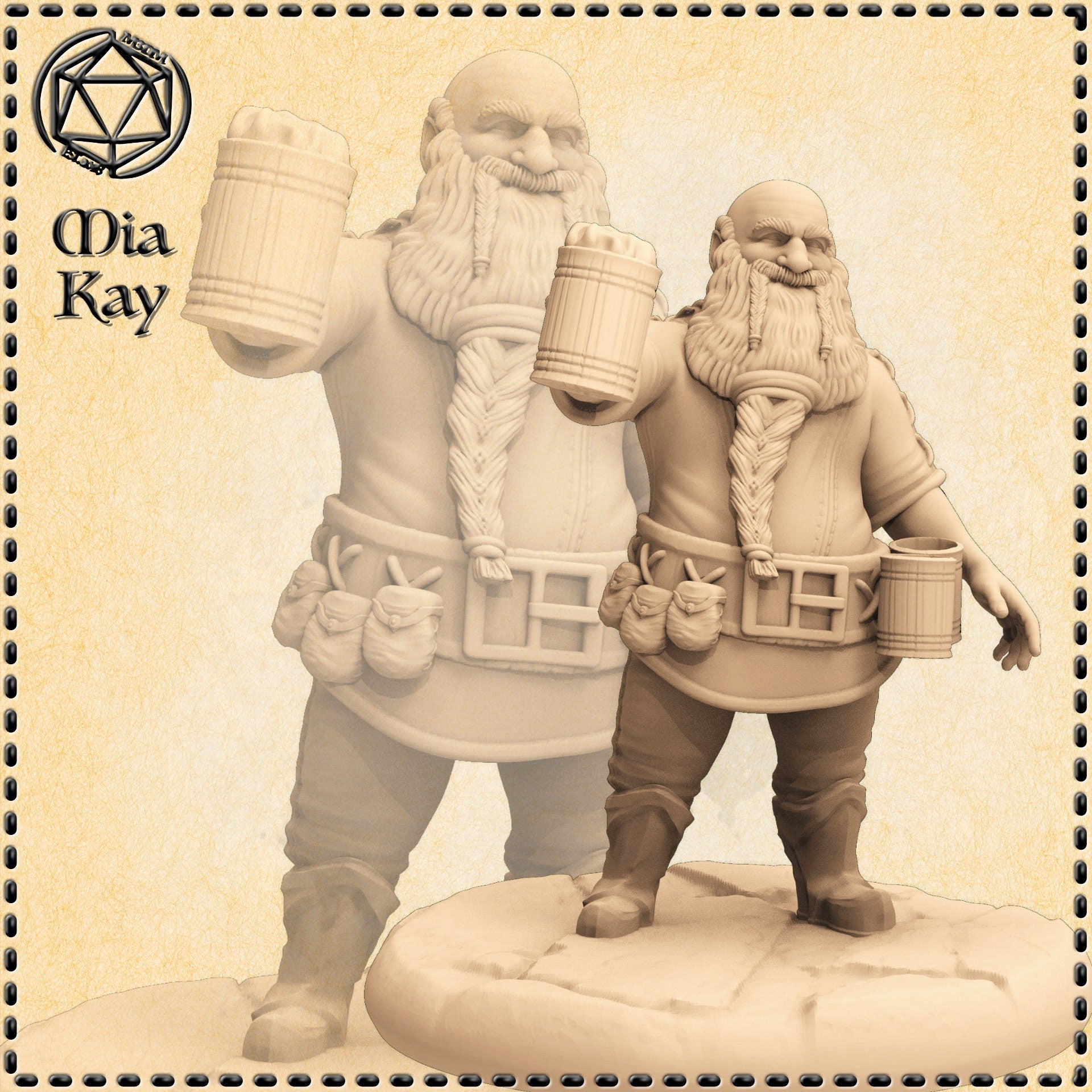 Two unpainted resin renders of a bald dwarf brewer miniature by Mia Kay M3DM, showing two sculpt variants side by side — one with tankard raised overhead and one held at waist height, both featuring a braided beard, belt pouches, and sturdy boots, printed at 32mm scale