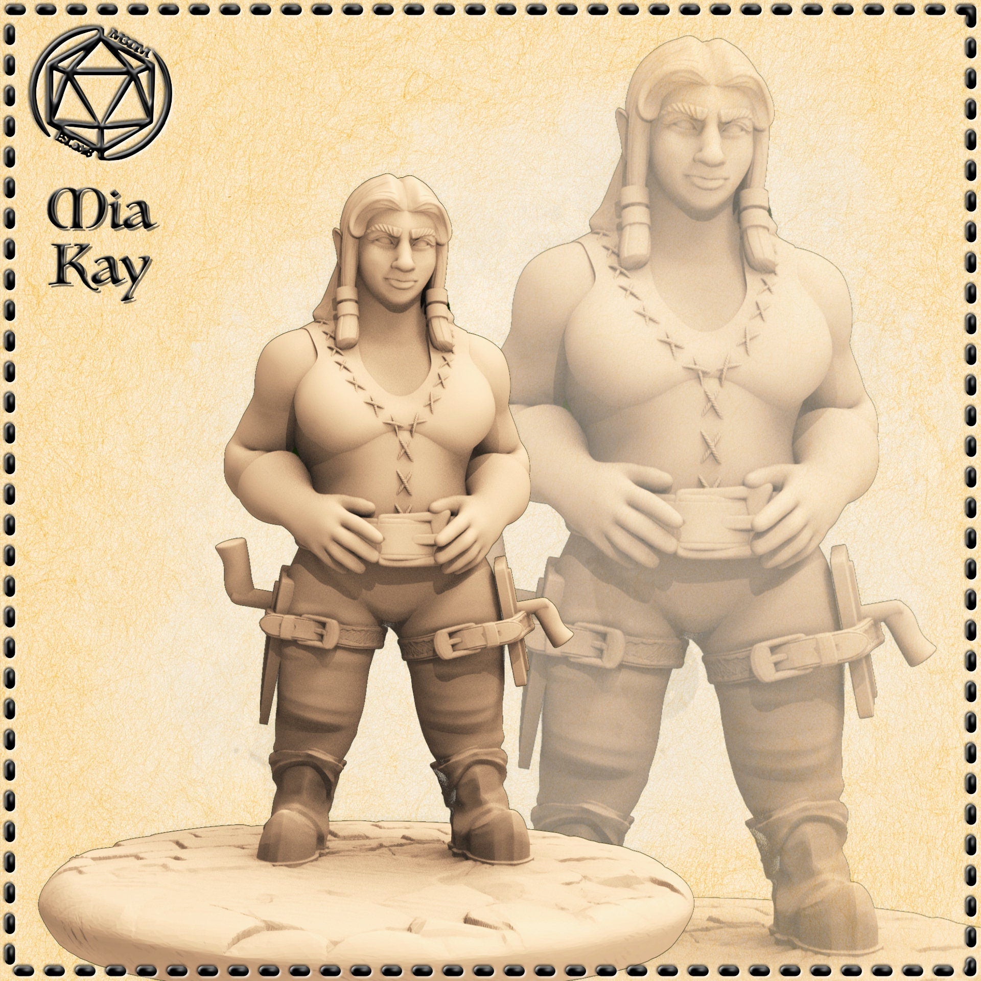 Digital render of an unpainted 32mm dwarf mason miniature named Mia Kay, shown front-on with long braided hair, an open stitched vest, a tool belt with pouches and implements, and both hands cradling a mug. A larger scale reference render appears behind the main figure. Sandy textured oval base included.