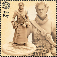 Digital render of an unpainted elven alchemist miniature at 32mm scale, shown in a long buttoned coat with a heavily detailed steampunk gear belt loaded with vials and instruments, a satchel strap across his chest, pointed ears, tousled hair, and an intense focused expression. A close-up inset shows his face and upper torso in detail. Sculpted by Mia Kay M3DM.