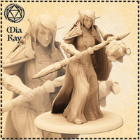 Unpainted resin render of the Elf Blood Paladin miniature by Mia Kay M3DM — a slender female elf in layered armour with a crescent chest sigil, gripping a gnarled twisted staff with both hands, cloak billowing, pointed ears and a stern expression, shown at 32mm scale on a plain round base