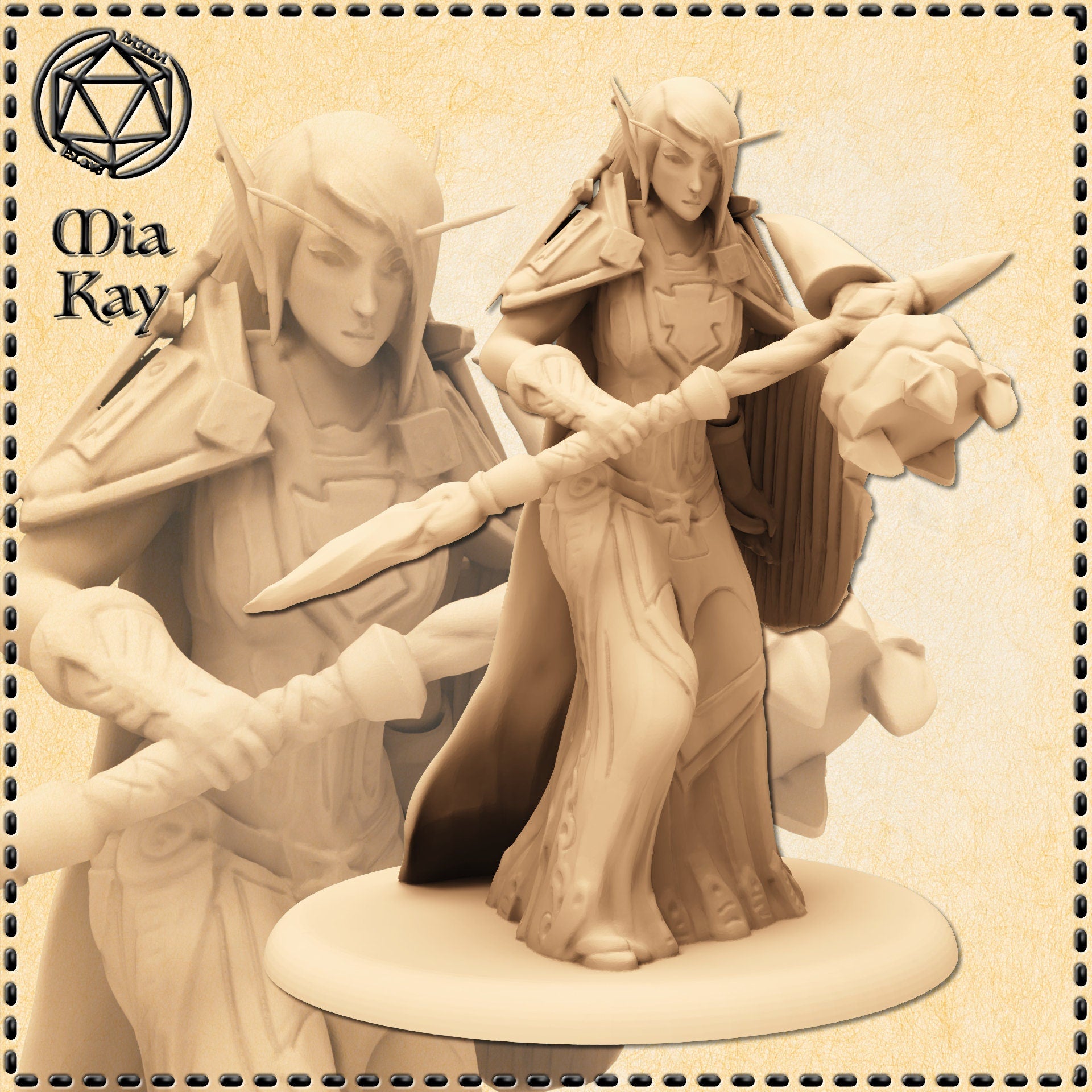 Unpainted resin render of the Elf Blood Paladin miniature by Mia Kay M3DM — a slender female elf in layered armour with a crescent chest sigil, gripping a gnarled twisted staff with both hands, cloak billowing, pointed ears and a stern expression, shown at 32mm scale on a plain round base