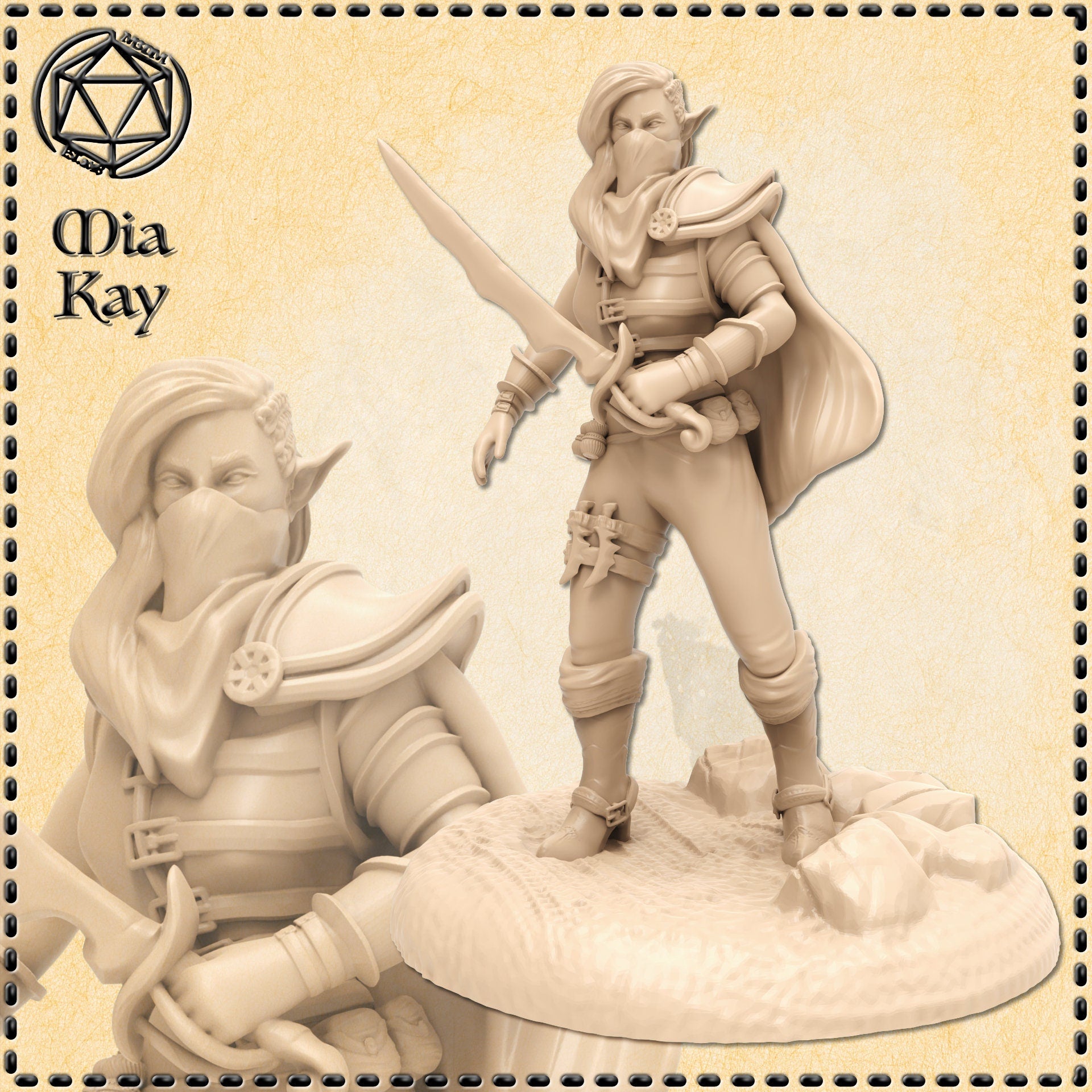 Unpainted resin miniature of a masked female elf rogue at 32mm scale, standing on a rocky scenic base with longsword raised and cloak billowing behind her — sculpted by Mia Kay M3DM