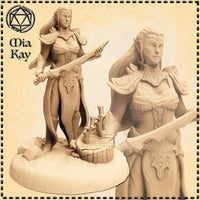 Digital render of an unpainted resin-coloured elf blademaster miniature at 32mm scale. The female elven warrior stands in a combat-ready pose, holding a longsword extended forward in her right hand and a shorter blade raised in her left. She wears flowing garments with leaf-etched pauldrons and a delicate silver coronet. Her long hair falls loose over her shoulders. The scenic base features a mossy tree stump with a second sword thrust into it. A close-up inset shows detail of her face, armour engravings, a