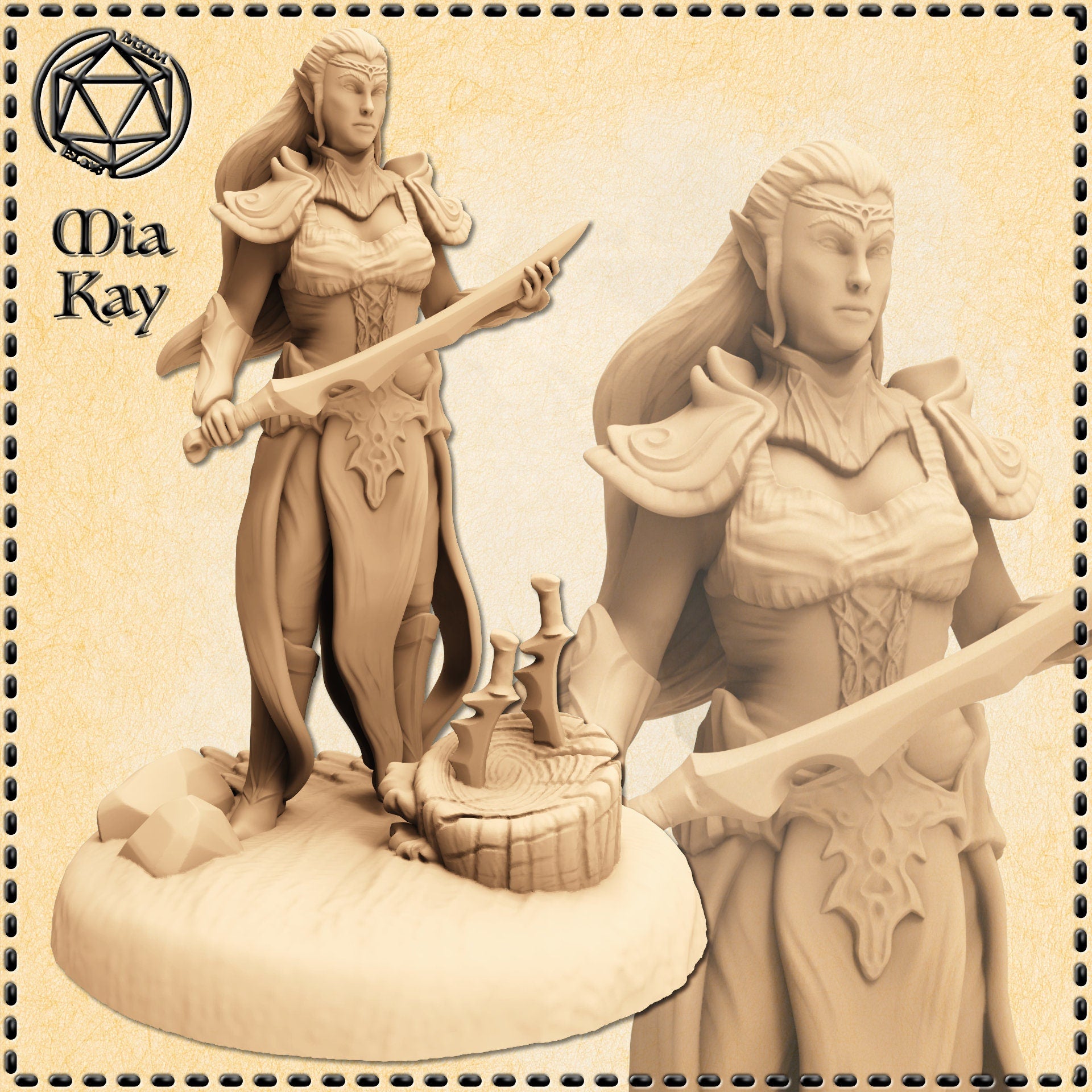 Digital render of an unpainted resin-coloured elf blademaster miniature at 32mm scale. The female elven warrior stands in a combat-ready pose, holding a longsword extended forward in her right hand and a shorter blade raised in her left. She wears flowing garments with leaf-etched pauldrons and a delicate silver coronet. Her long hair falls loose over her shoulders. The scenic base features a mossy tree stump with a second sword thrust into it. A close-up inset shows detail of her face, armour engravings, a