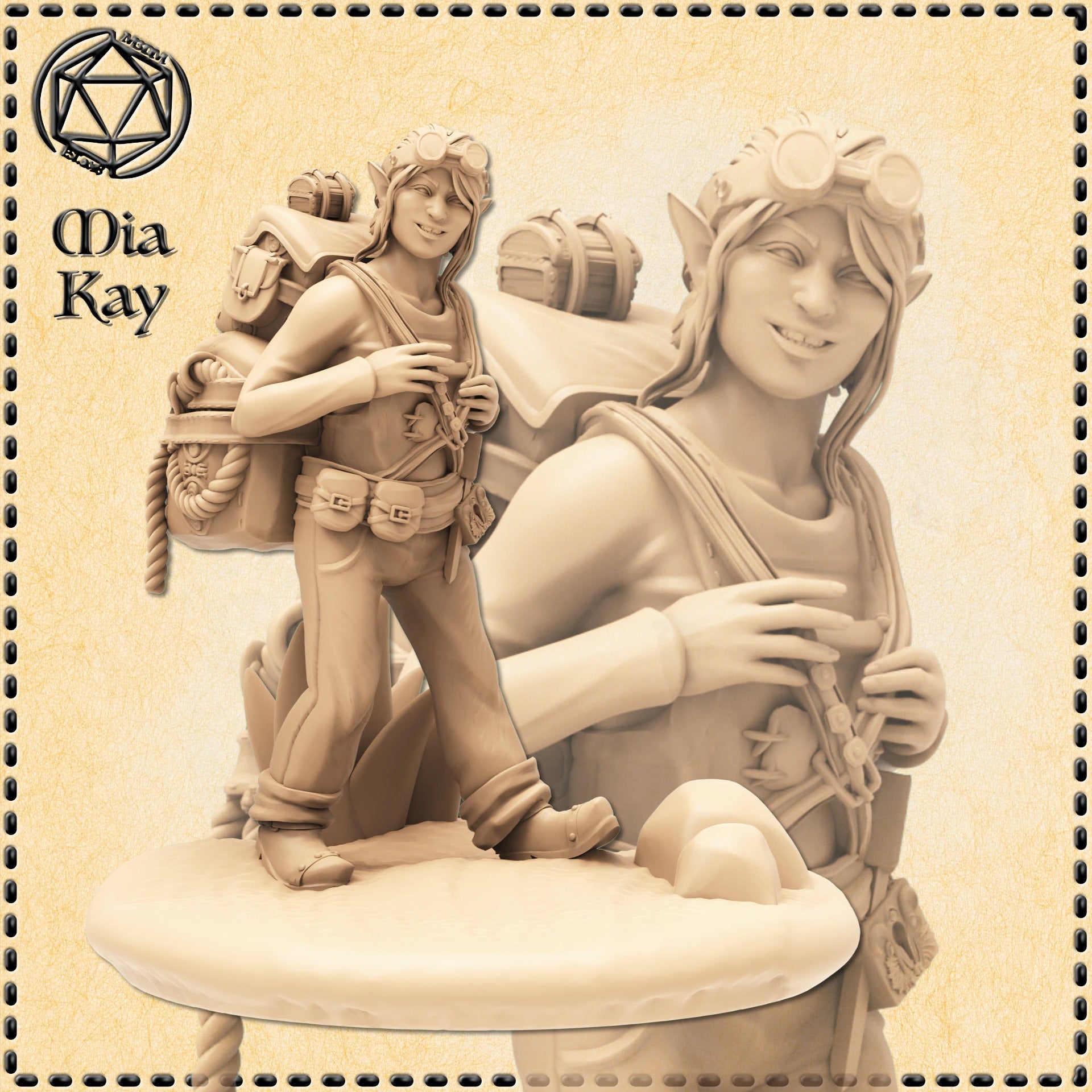 Unpainted resin miniature of a female gnome tinkerer at 32mm scale, shown in a confident relaxed pose gripping her pack strap. She wears aviator goggles on her head, a utility belt with pouches, and carries an overstuffed adventurer's pack loaded with a small chest and coiled rope. A close-up inset shows her mischievous grinning expression in detail. Sculpted by Mia Kay M3DM.