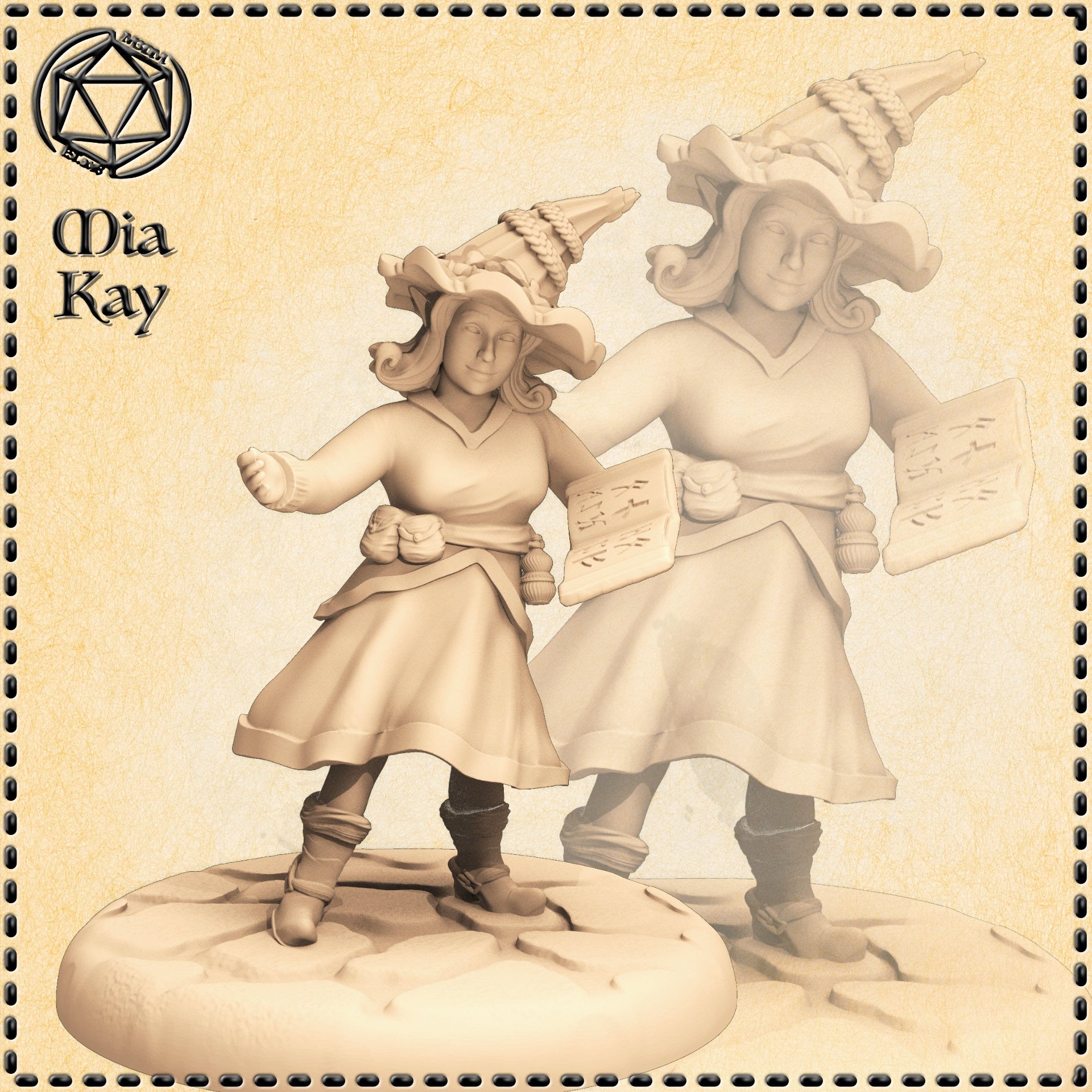 Digital render of two Gnome Wizard miniatures by Mia Kay M3DM shown side by side — the foreground pose shows a curly-haired female gnome in layered robes and a rope-knotted conical hat, one fist raised in a casting gesture; the background pose shows the same character holding an open rune-covered spellbook; both sculpts are unpainted grey resin at 32mm scale on scenic oval bases