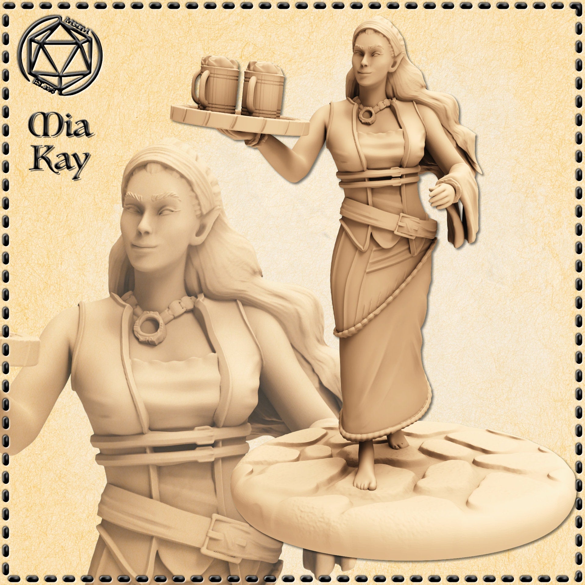 Unpainted beige resin render of the Mia Kay M3DM Half-Elf Barmaid miniature at 32mm scale, shown from two angles. The figure is a barefoot woman in a layered dress cinched with buckled straps, wearing a headscarf and ring necklace. Her right arm is raised to balance a wooden tray with two tankards; her left hand hangs loosely at her side. She stands on a round cobblestone-style base with a knowing half-smile on her face.