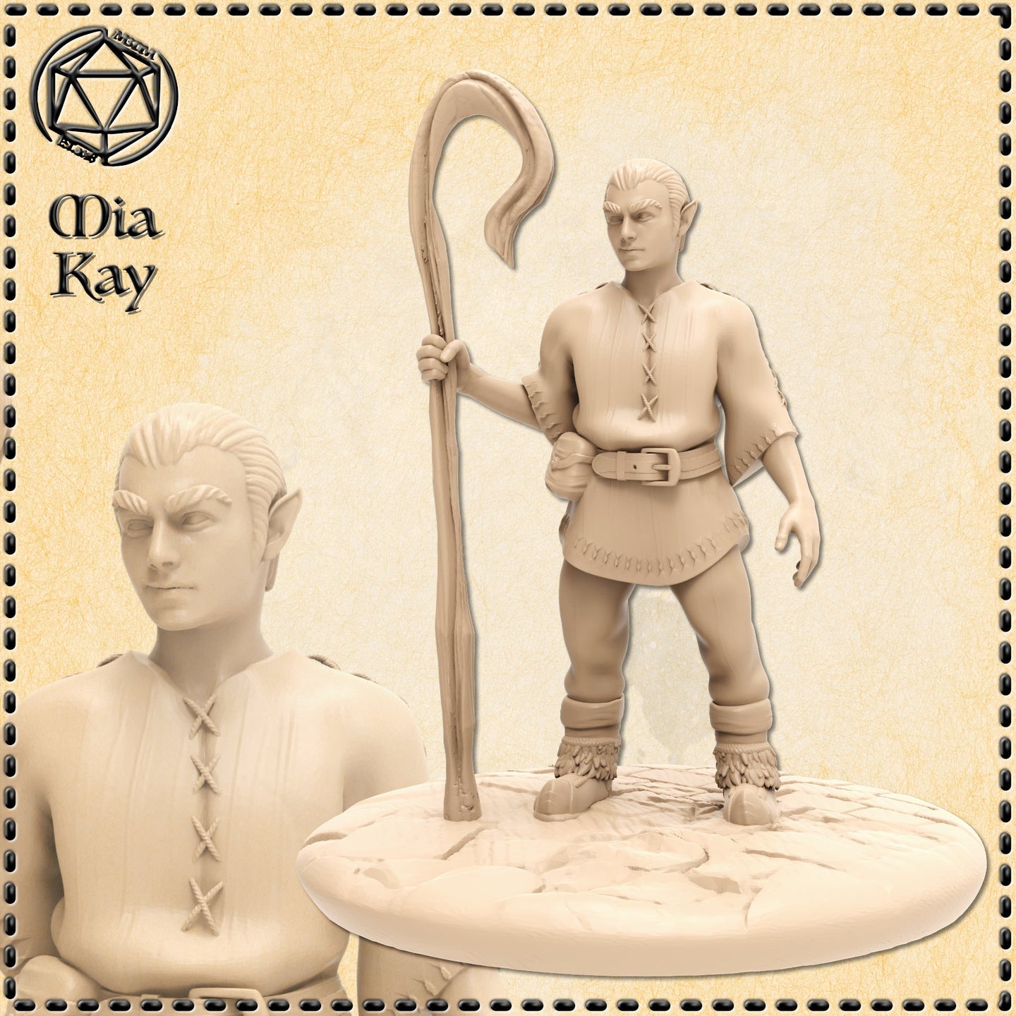 Unpainted resin miniature of a halfling shepherd at 32mm scale, sculpted by Mia Kay M3DM. The figure stands upright holding a tall wooden crook in his right hand, wearing a cross-laced leather tunic, buckled belt, and fur-trimmed boots. His pointed ears and sharp expression convey quiet determination. Shown against a parchment-style background with a close-up bust detail inset to the left.