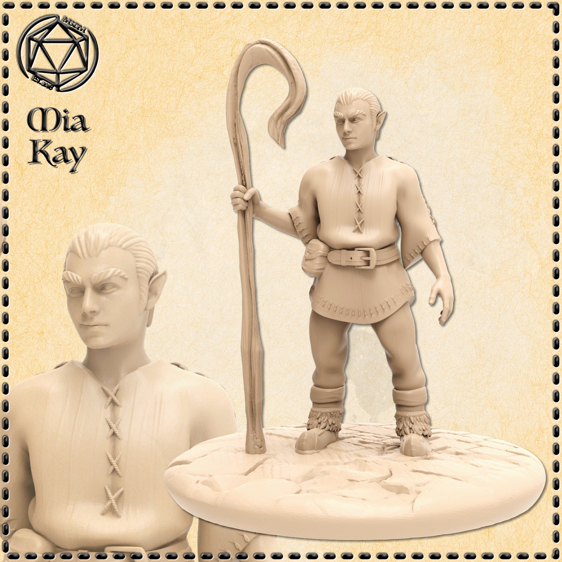 Unpainted resin miniature of a halfling shepherd at 32mm scale, sculpted by Mia Kay M3DM. The figure stands upright holding a tall wooden crook in his right hand, wearing a cross-laced leather tunic, buckled belt, and fur-trimmed boots. His pointed ears and sharp expression convey quiet determination. Shown against a parchment-style background with a close-up bust detail inset to the left.