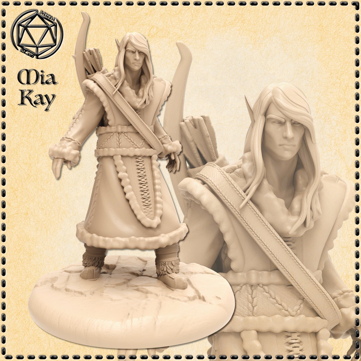 Unpainted resin miniature of a female snow elf hunter at 32mm scale, sculpted by Mia Kay M3DM. She stands in a composed, alert pose wearing a long fur-trimmed leather coat with laced detailing down the front. A longbow is raised in her right hand and a quiver of arrows is visible at her back. Her long hair is parted and falls across her shoulders, and her pointed elven ears and stern expression are clearly visible. The close-up inset shows fine facial detail and the textured stitching of her leather garment
