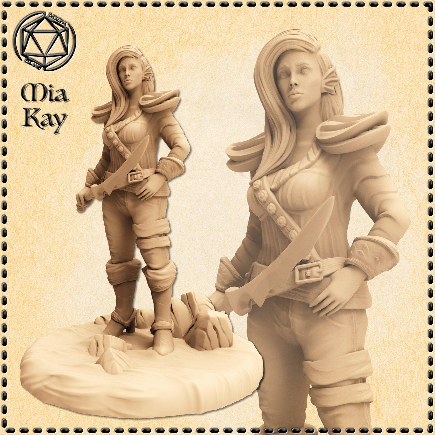 Unpainted sand-coloured resin render of Mia Kay's Water Genasi miniature at 32mm scale — a female half-elf figure in layered armour with pauldrons, holding a short blade at her hip, with long flowing hair and pointed ears, standing on a rocky scenic base. A close-up detail shot shows her confident expression and the sculpted texture of her buttoned jacket and armour.