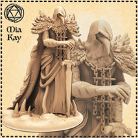 32mm resin miniature of the Black Death Blademaster by Mia Kay M3DM — a hooded robed figure with a feathered cloak across the shoulders, heavy iron chains crossing the chest and wrapped around the forearms, one hand gripping the hilt of a long sword. The figure stands on a scenic base with bone spurs. Shown as an unpainted digital render in warm sandy tones with a close-up detail inset on the right.