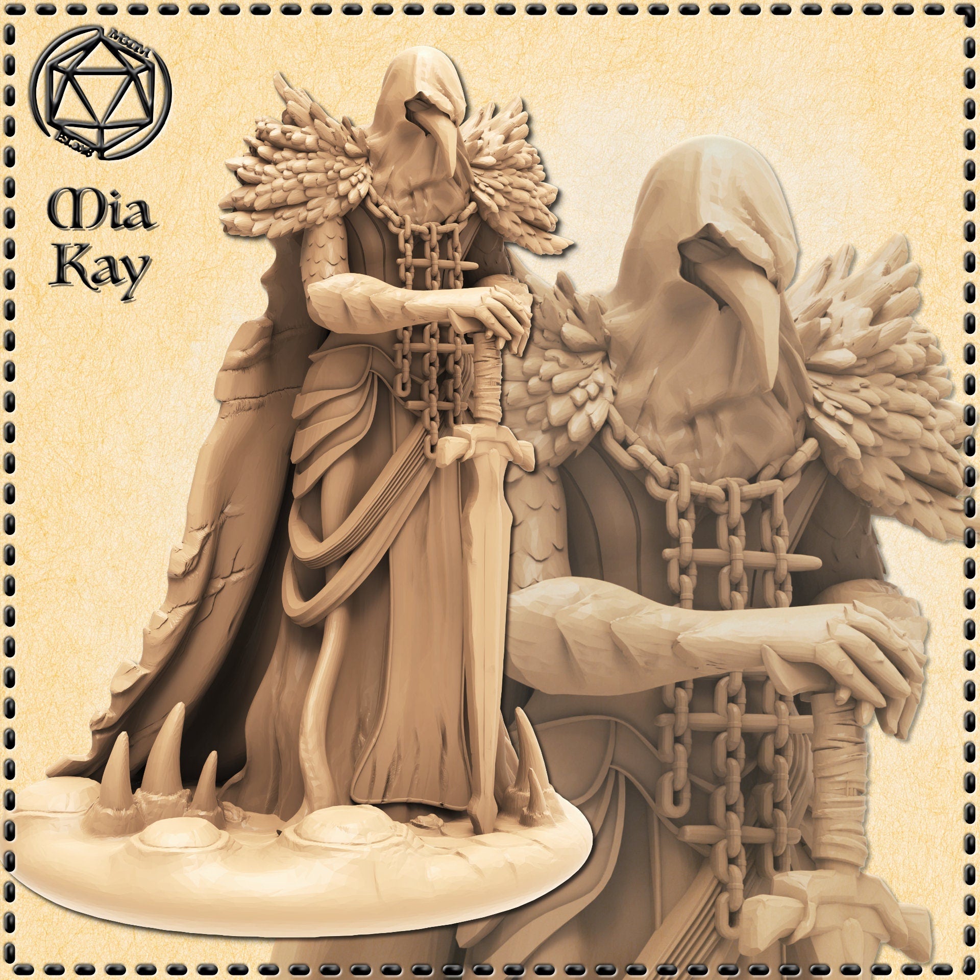 32mm resin miniature of the Black Death Blademaster by Mia Kay M3DM — a hooded robed figure with a feathered cloak across the shoulders, heavy iron chains crossing the chest and wrapped around the forearms, one hand gripping the hilt of a long sword. The figure stands on a scenic base with bone spurs. Shown as an unpainted digital render in warm sandy tones with a close-up detail inset on the right.