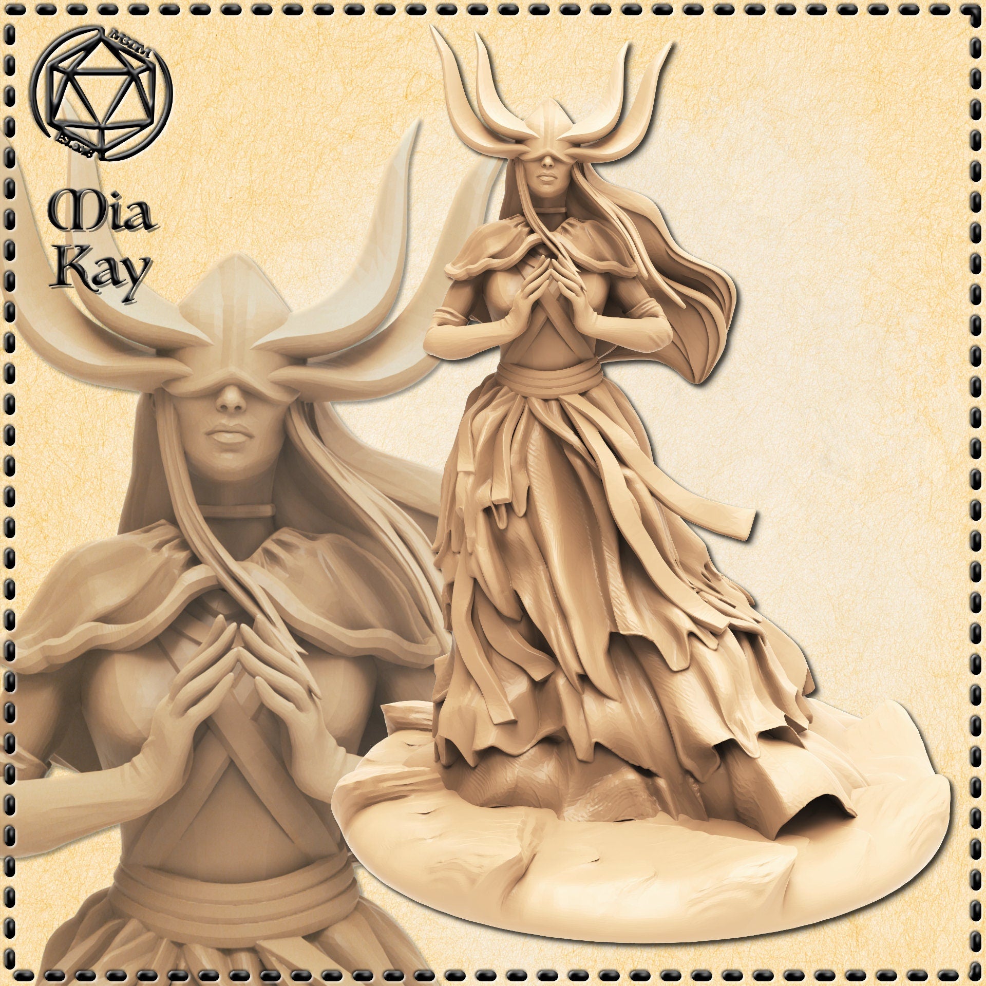 Digital render of the Duchess of Death miniature by Mia Kay M3DM — a blindfolded female fiend with tall branching antler horns, hands pressed together at her chest, wearing layered flowing robes, shown from two angles including a close-up of her face and upper body, unpainted in sandy resin tone on a textured oval base, 32mm scale