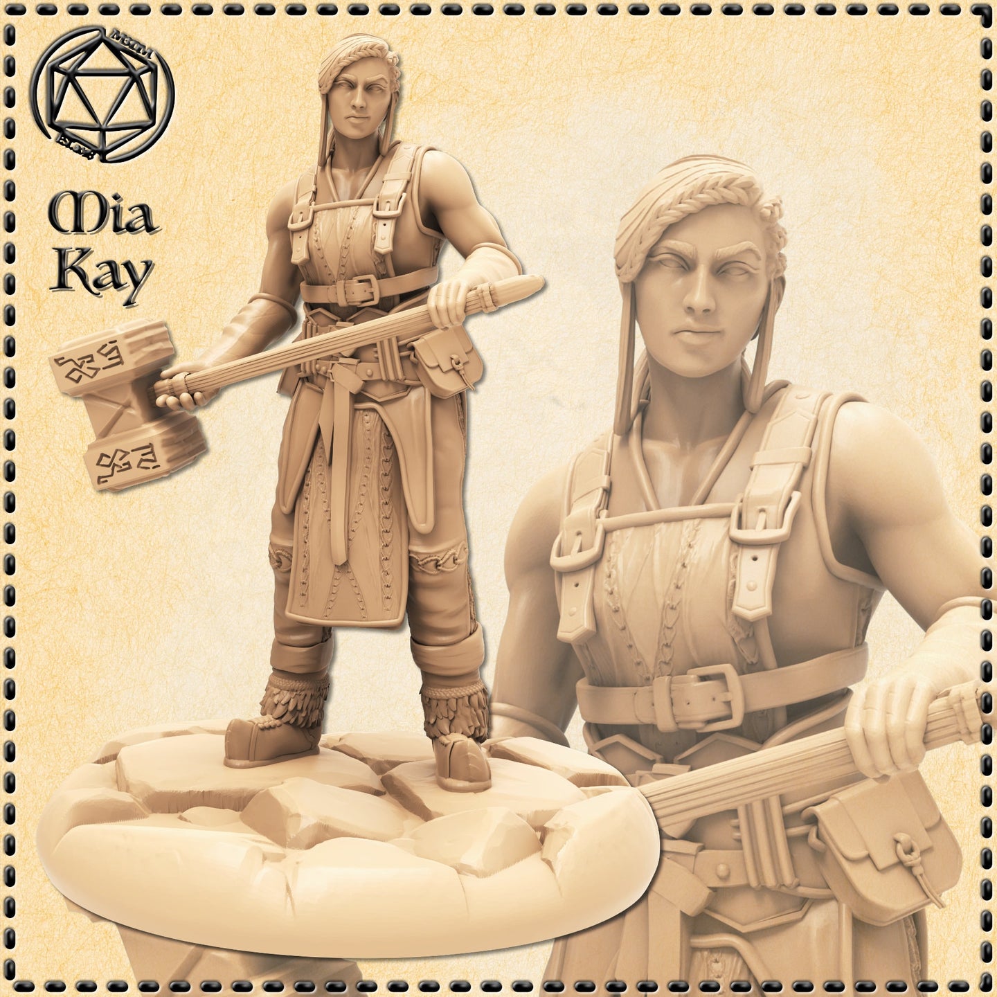 Digital render of the Mia Kay Human Blacksmith miniature at 32mm scale — an unpainted female human figure standing on a shattered flagstone base, holding a large runic warhammer horizontally in both hands, wearing a leather harness and studded vest with braided hair bound back, alongside a close-up detail shot of her face and upper torso showing fine facial expression and harness buckle detail