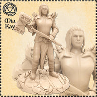 Unpainted cream resin digital render of a Goliath Fighter miniature by Mia Kay M3DM — a tall female warrior standing confidently on a cracked stone base, holding a large rune-etched warhammer across her shoulder, wearing spiked angular pauldrons and close-fitting combat armour, with long hair and a composed, focused expression. A close-up detail of her face is shown in the background. 32mm scale.