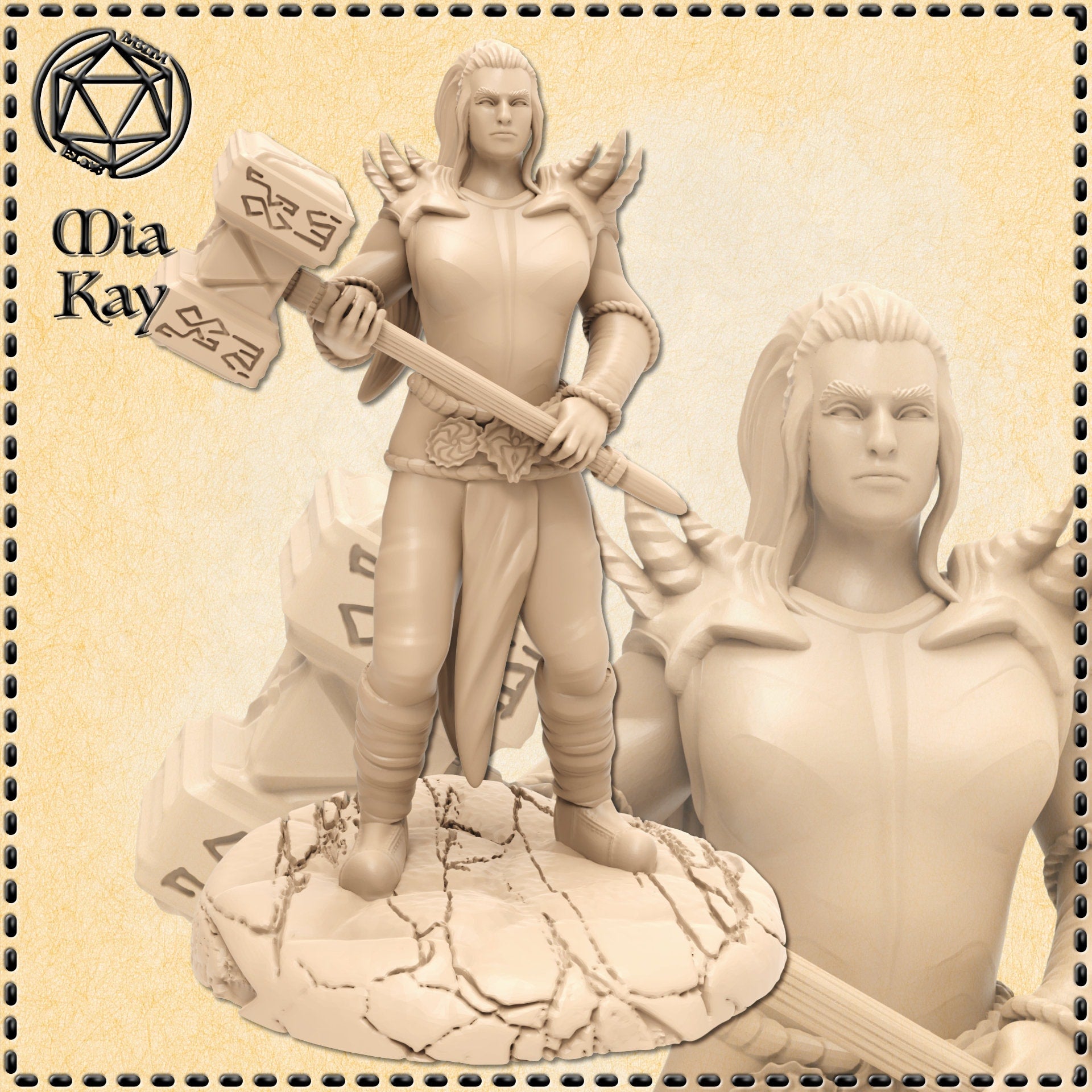 Unpainted cream resin digital render of a Goliath Fighter miniature by Mia Kay M3DM — a tall female warrior standing confidently on a cracked stone base, holding a large rune-etched warhammer across her shoulder, wearing spiked angular pauldrons and close-fitting combat armour, with long hair and a composed, focused expression. A close-up detail of her face is shown in the background. 32mm scale.