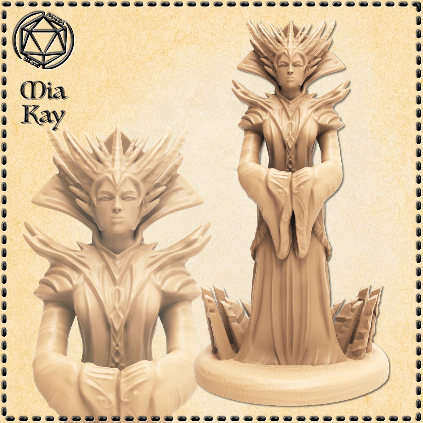 Digital render of the Head Enchantress miniature by Mia Kay M3DM — an unpainted resin figure of a robed female spellcaster with angular spiked pauldrons, hands clasped, wearing an elaborate blade-like crown, rising from a jagged crystal base. Full figure shown alongside a detailed bust close-up, both in sandy beige resin tone at 32mm scale.