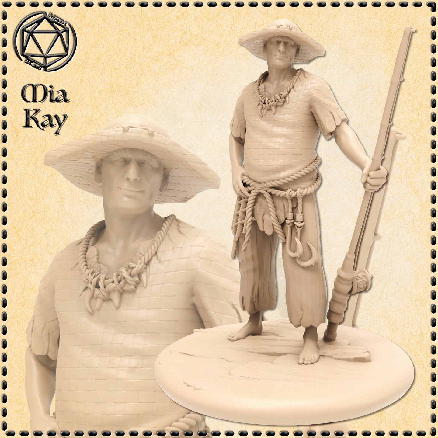 Unpainted resin render of the Human Fisherman miniature by Mia Kay M3DM — a barefoot male figure in a wide-brimmed woven hat and simple tunic, wearing a tooth-and-bone necklace, rope belt with iron fishing hook at his hip, leaning on a long staff, mounted on an oval sculpted base at 32mm scale