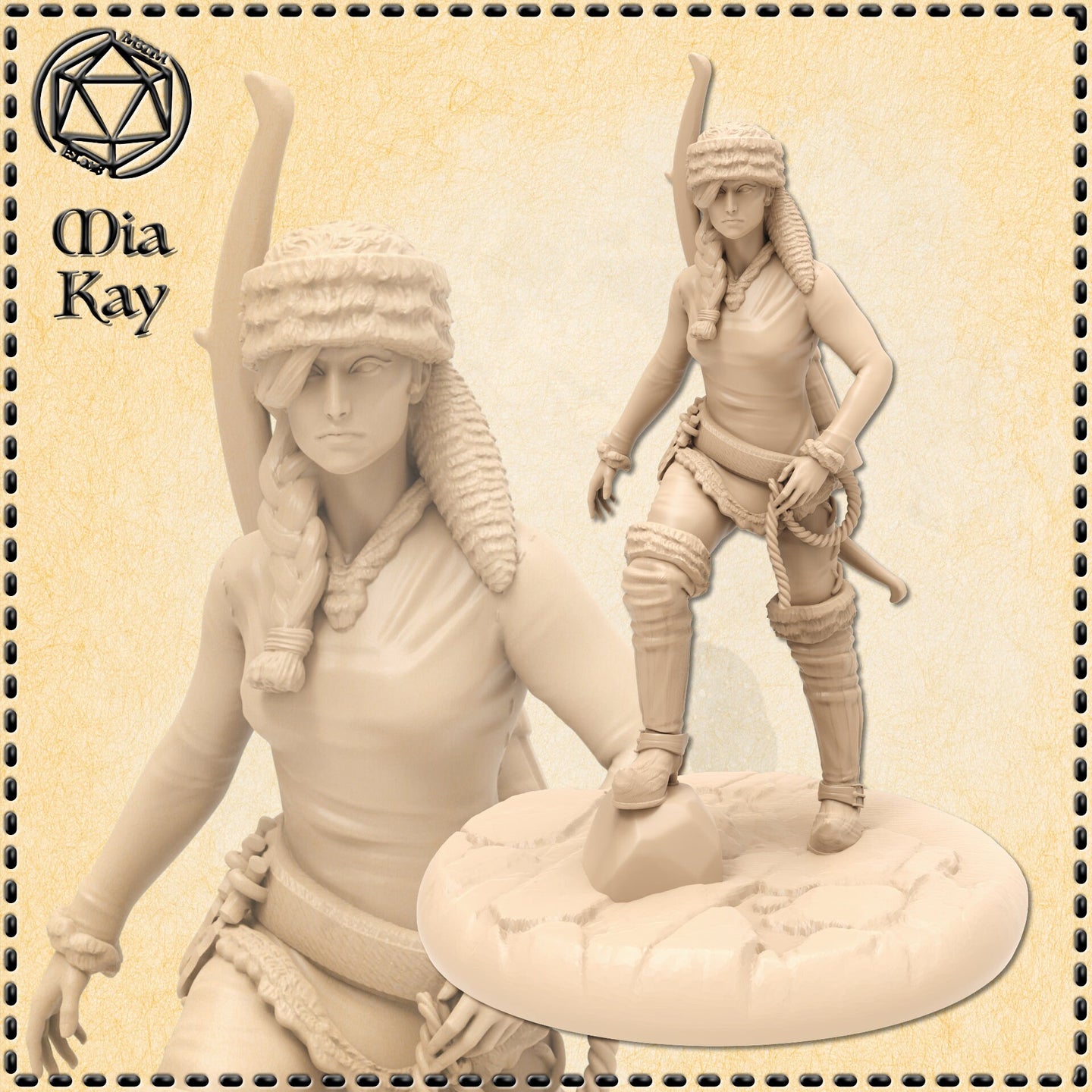 Unpainted resin render of the Human Trapper miniature by Mia Kay M3DM, shown from two angles — front portrait and full figure. The character is a female human in a fur-trimmed hat with long braided hair, wearing a fitted tunic and leg wrappings. Her right arm is raised overhead and her left hand holds a coil of rope. She stands in a dynamic striding pose on a textured oval base.