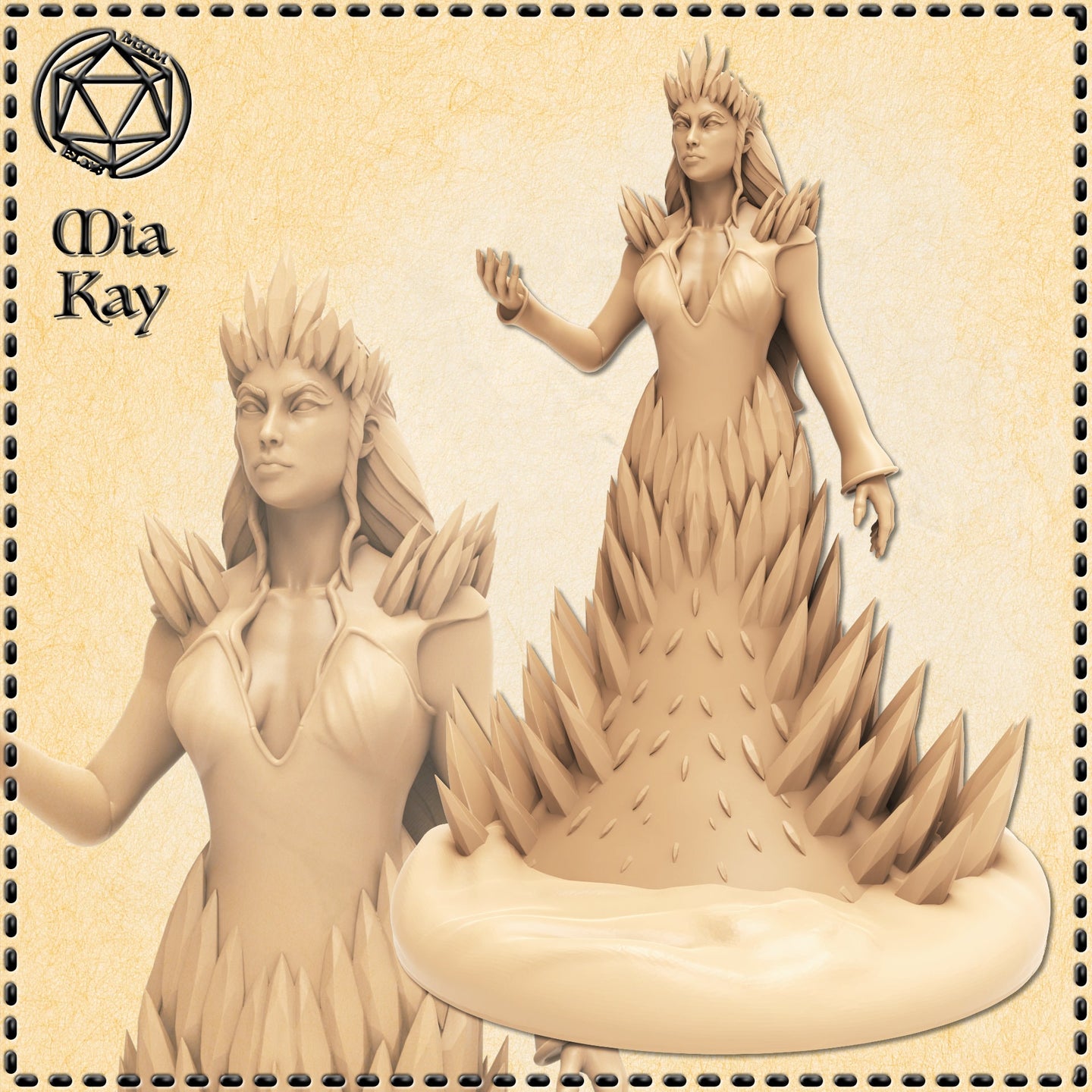 Unpainted resin render of the Ice Queen miniature by Mia Kay M3DM — a female figure in a spike-covered ice gown rising from a frozen burst base, one hand raised open, with a crown of ice shards and a composed expression, shown from two angles at 32mm scale