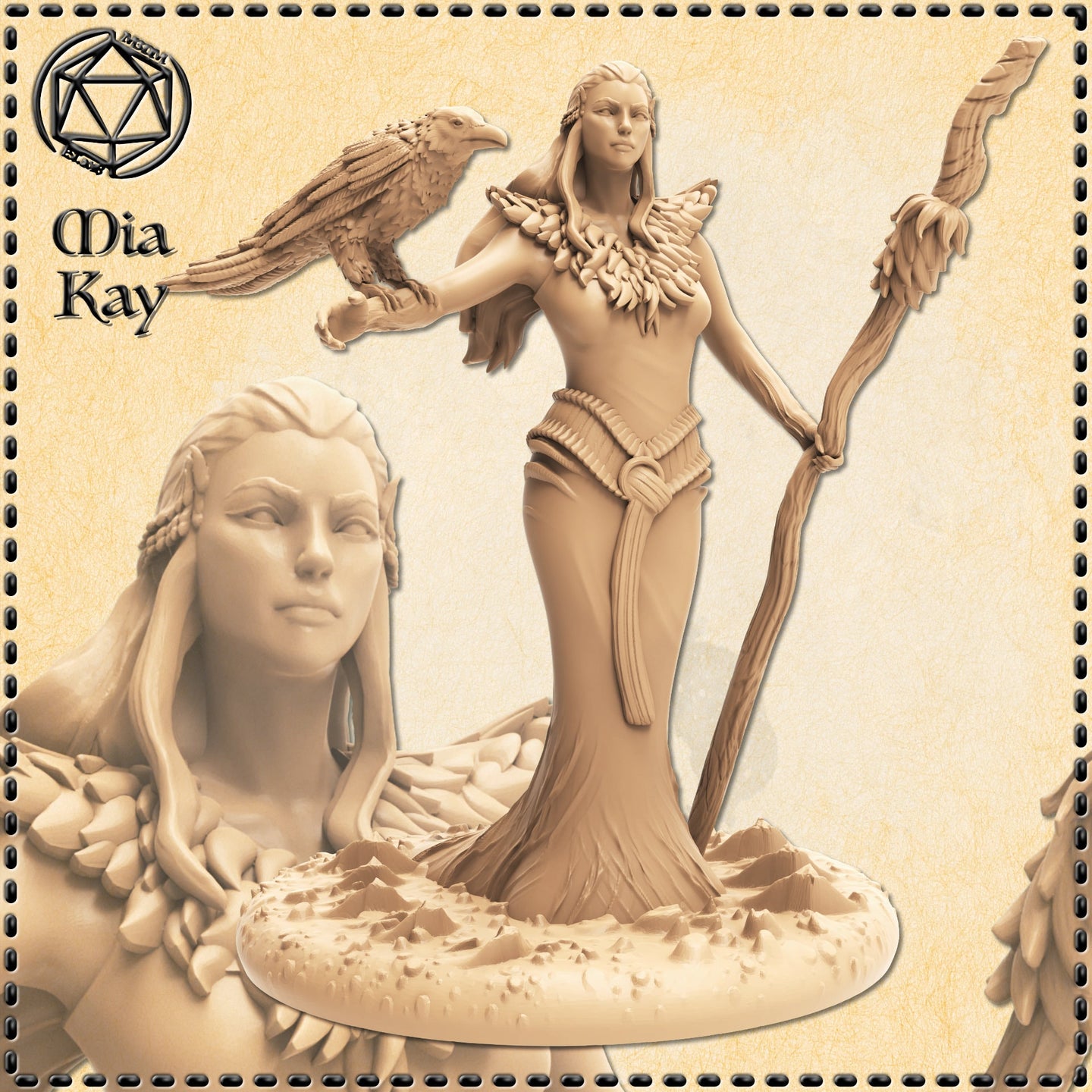 Digital render of the Raven Enchantress miniature by Mia Kay M3DM — an unprimed grey sculpt of a tall woman in a feathered collar and flowing robes, holding a gnarled staff in her right hand and a large hawk on her outstretched left arm, standing on a rocky textured base. A close-up inset shows the fine facial detail including braided hair and drop earrings.