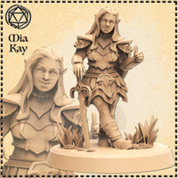 Unpainted resin render of a female dwarf rogue miniature at 32mm scale, wearing layered pauldrons, studded leather skirt, and buckled boots, with long flowing hair and a confident grin, one hand near her sword hilt and the other raised in a knowing gesture, standing on a textured scenic base with crystal formations and small wildflowers. Close-up bust detail visible in the foreground.