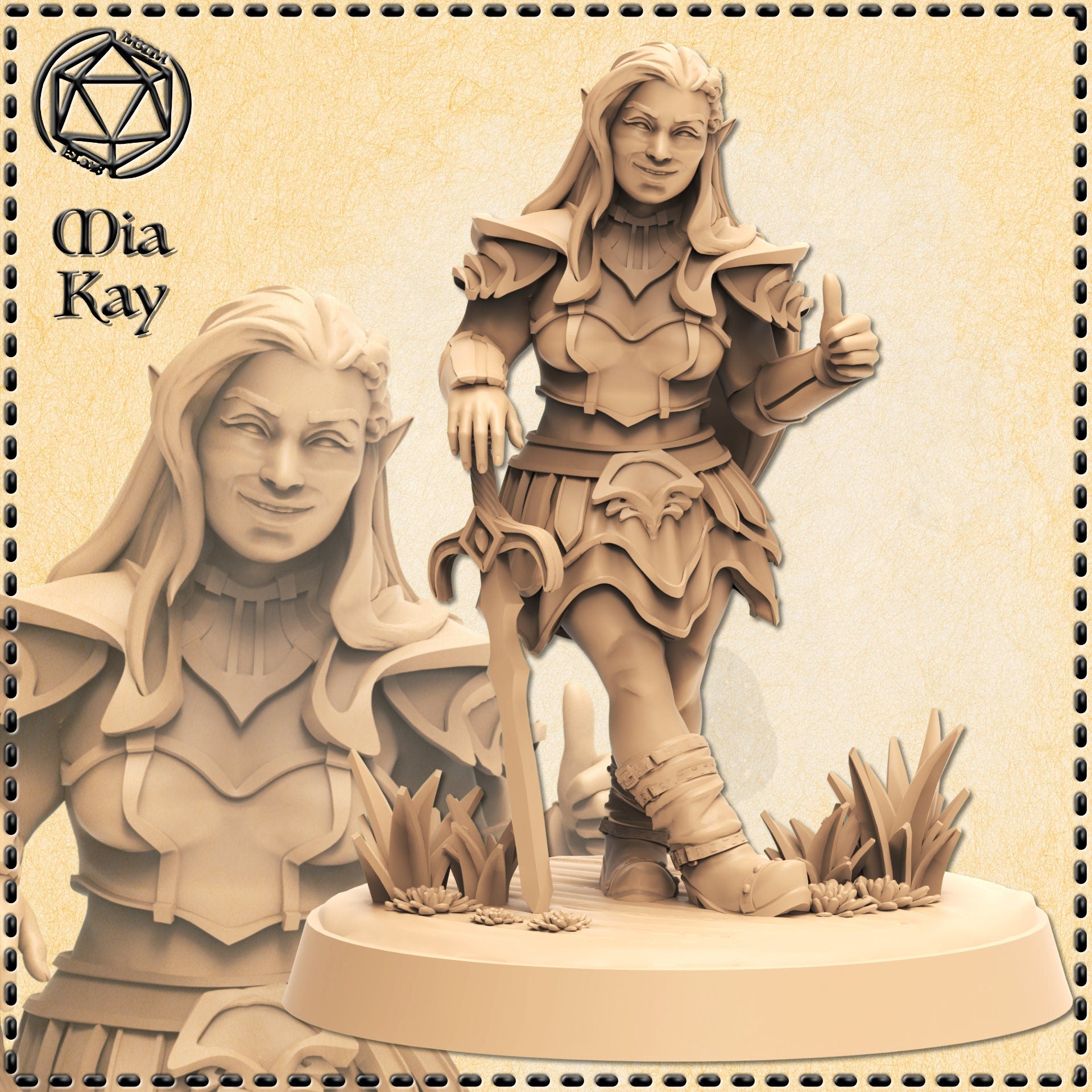 Unpainted resin render of a female dwarf rogue miniature at 32mm scale, wearing layered pauldrons, studded leather skirt, and buckled boots, with long flowing hair and a confident grin, one hand near her sword hilt and the other raised in a knowing gesture, standing on a textured scenic base with crystal formations and small wildflowers. Close-up bust detail visible in the foreground.