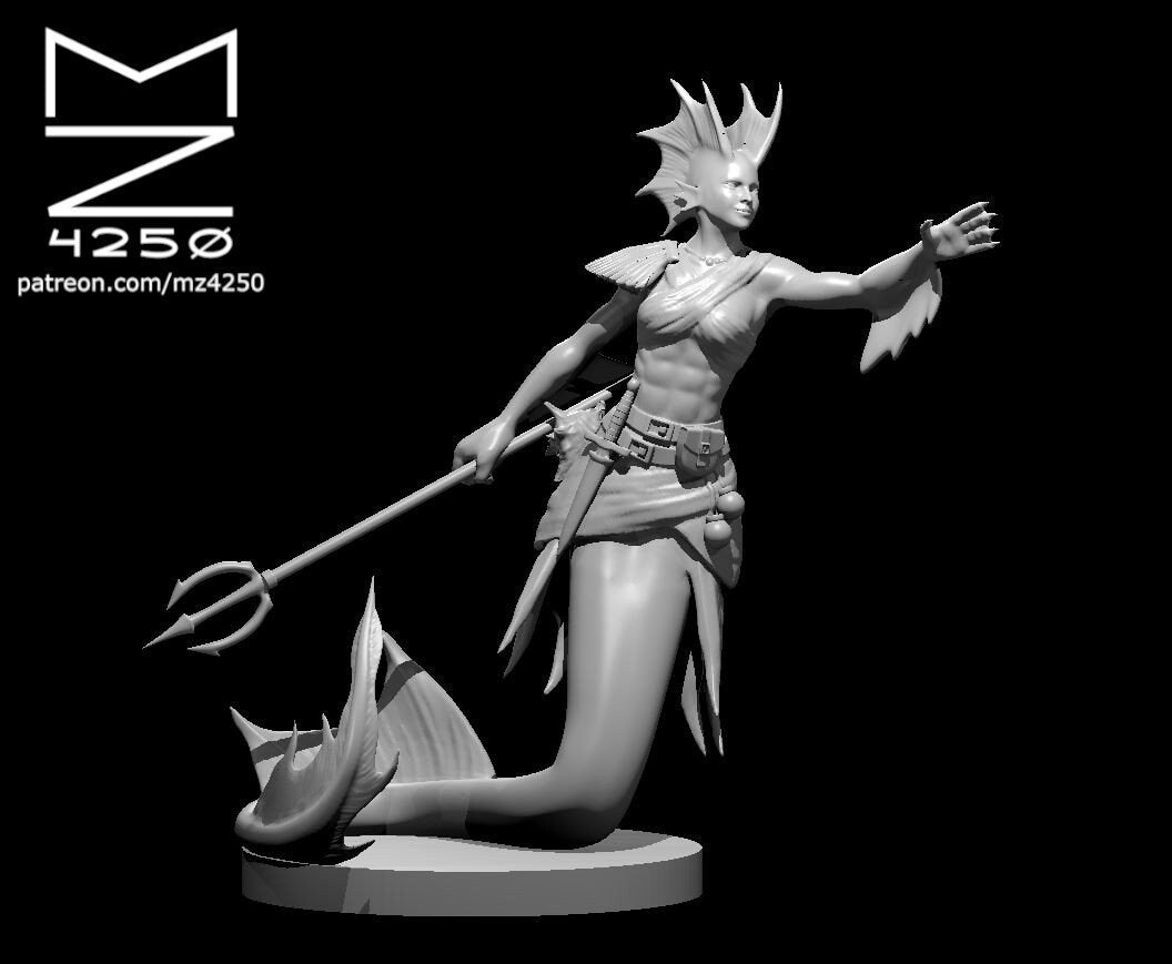 Grey resin digital render of a female merfolk miniature by MZ4250 — she has a fin-crest mohawk, webbed ears and hands, and a fish tail. She holds a trident low in one hand with her other arm outstretched. Belt with pouches and draped fabric visible. Mounted on a round base. 32mm scale.