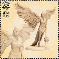 Unpainted resin miniature of a winged female guardian at 32mm scale — digital render showing large feathered wings spread wide, flowing cloak, and a staff crowned with a floral bloom; front and close-up bust views displayed against a parchment-style background with the Mia Kay M3DM logo
