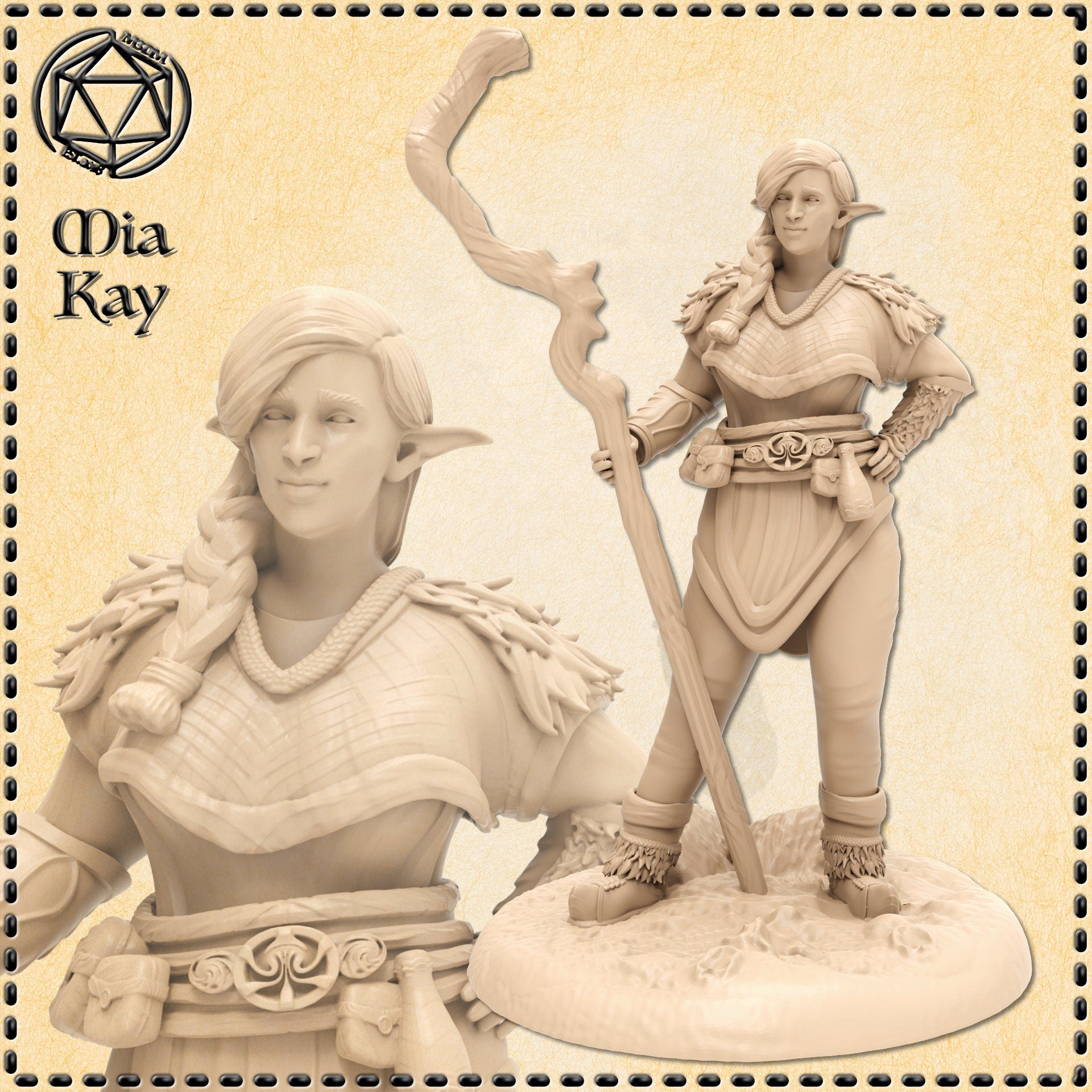 Unpainted resin miniature of a female Firbolg Druid at 32mm scale, shown in two views — full-body pose holding a tall gnarled wooden staff, and a close-up bust showing her braided hair, pointed ears, feather-trimmed pauldrons, decorated belt, and calm expression. Sculpted by Mia Kay M3DM.