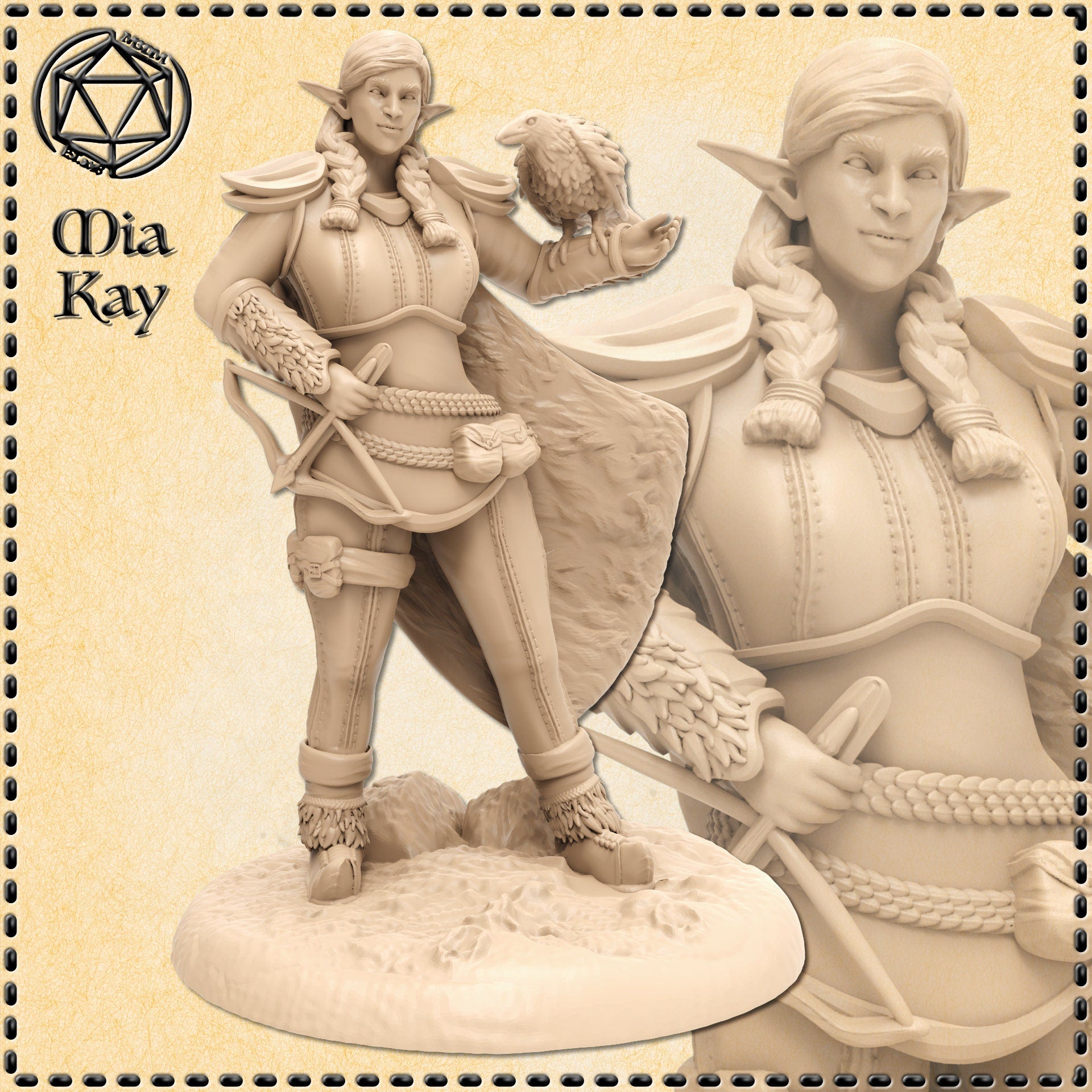 Unpainted cream resin Firbolg Ranger miniature by Mia Kay M3DM — female half-giant elf with long braided hair, scaled leather bracers, crossbow held at hip, and a hooded falcon perched on her outstretched gloved hand. Flowing travel cloak, feathered boots, and a textured rocky base. 32mm scale digital render shown with a close-up detail inset of the face and upper torso.