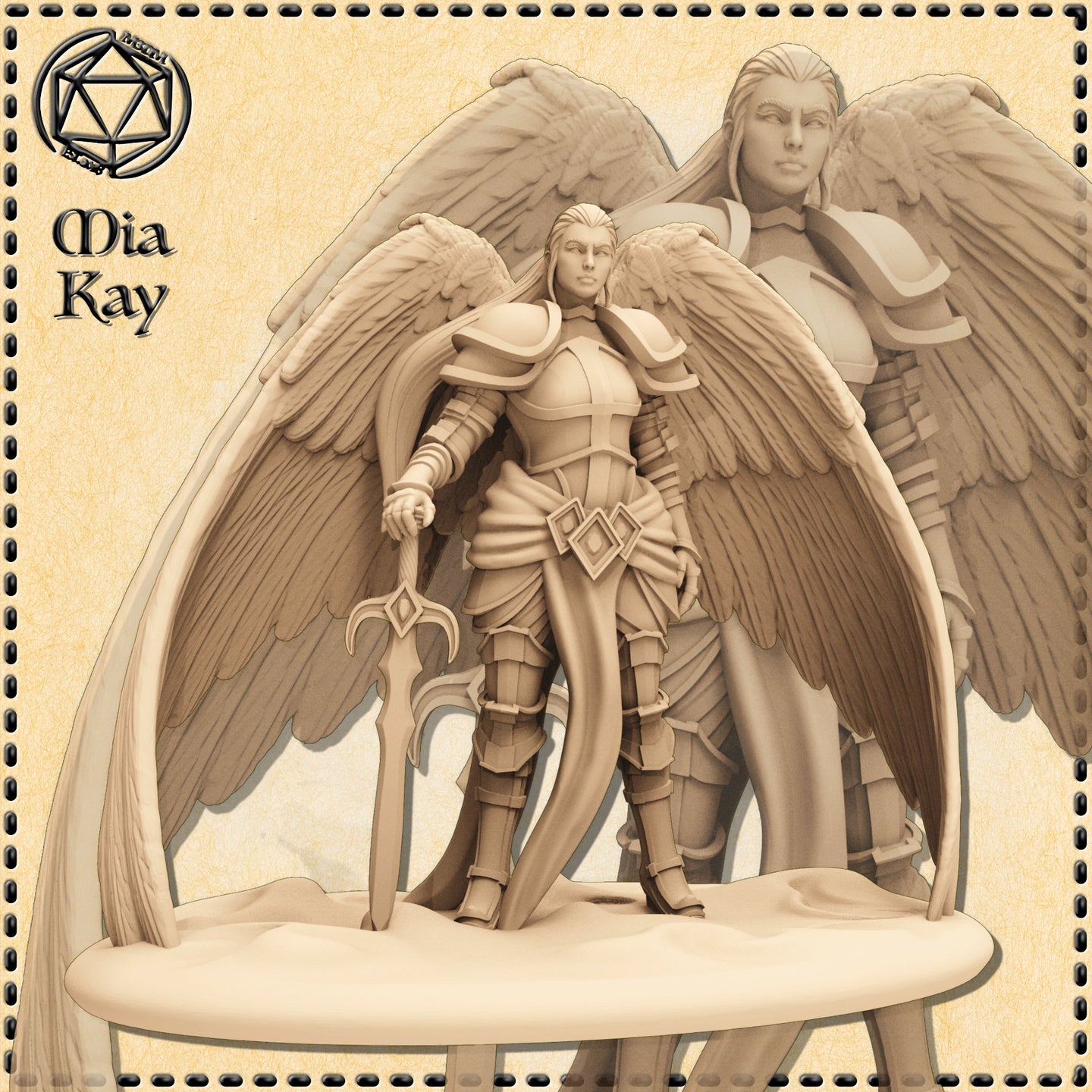 Digital render of a female winged paladin miniature by Mia Kay M3DM, shown unpainted in tan resin tone. She wears articulated plate armour with layered tassets and a decorated belt, holds a long crescent-tipped blade at her side, and has large feathered wings fully spread behind her. She stands on a desert sand base. A second, larger background render of the same figure is visible behind her. 32mm scale tabletop miniature.